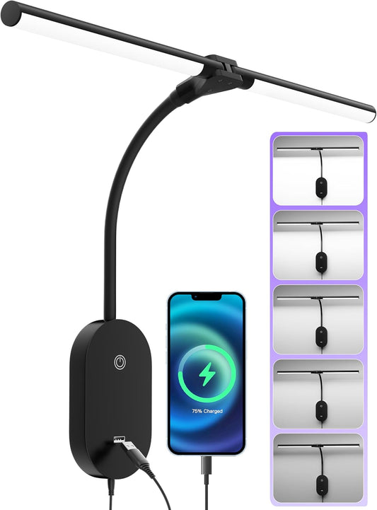 LED Wall Mounted Reading Light for Bed, 2 Heads Ultra Long Book Lights with USB Output, Wall Reading Lamps with Bright 5 Dimmable Touch Control,4 Hour Auto Off in 360°Gooseneck Headboard Bed Light