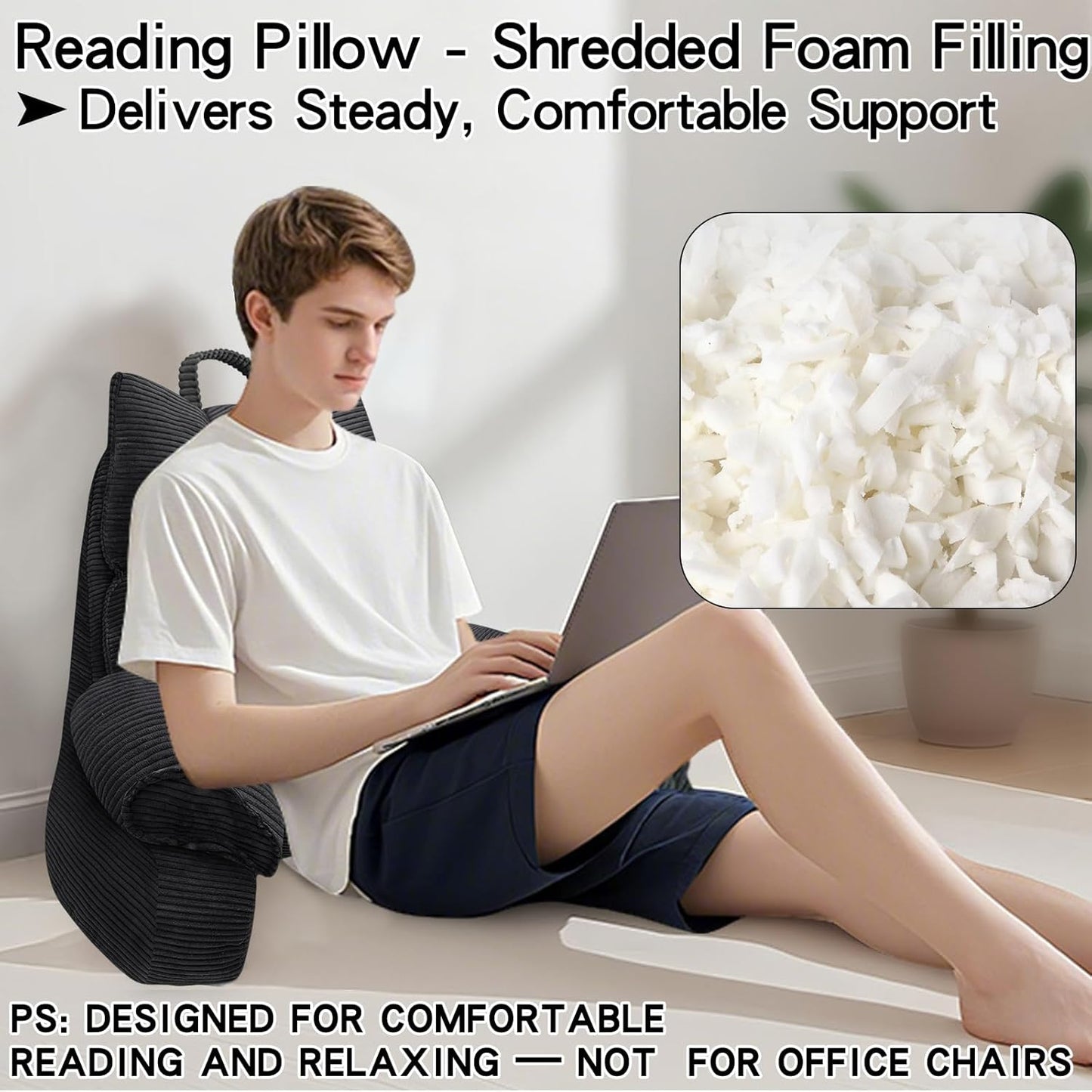 RRPAHWTV Reading Pillow for Bed with High Arm Rests ,Back Support Pillow for Sitting Up in Bed with Shredded Memory Foam for Reading, TV, Gaming or Relaxing on Floor（Grey Black, Large）