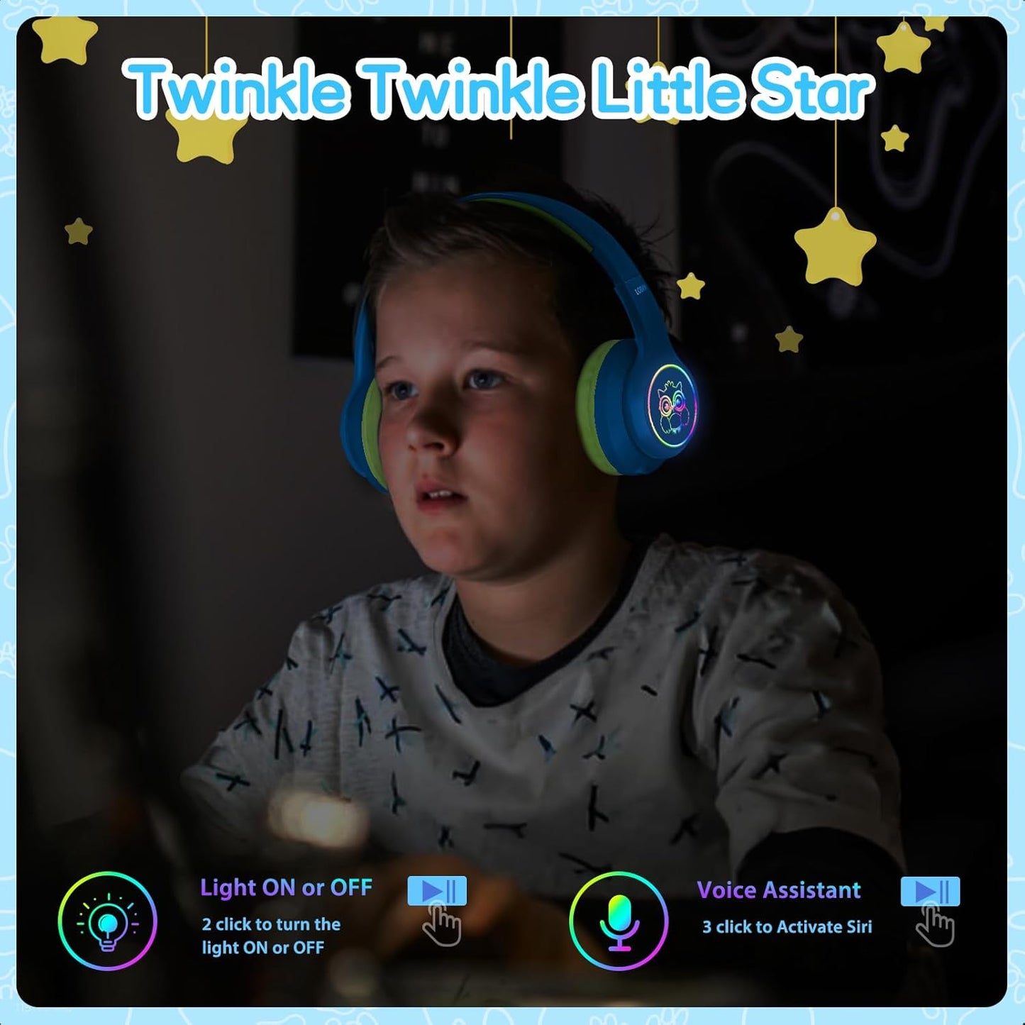 LOBKIN Active Noise Cancelling Headphones for Kids with Case - RGB LED Light Up Foldable Adjustable Over Ear Headphone Support Wireless or 3.5mm Wired Mode for Toddler & Girls & Boys Teens