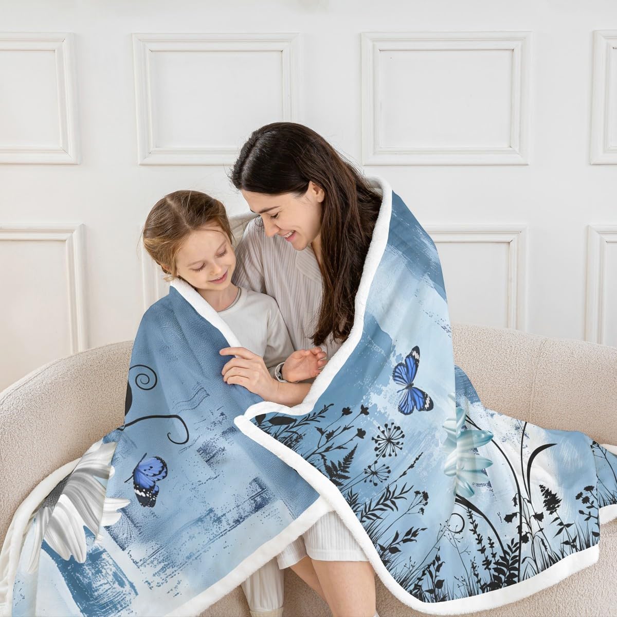 Rustic Floral Fleece Blanket,Farm Daisy Flowers Butterfly Country Throw Blanket for Adult Man,Blue Abstract Art Graffiti Lightweight Polyester Sherpa Blanket for Sofa, Queen (90 x 90 Inch)