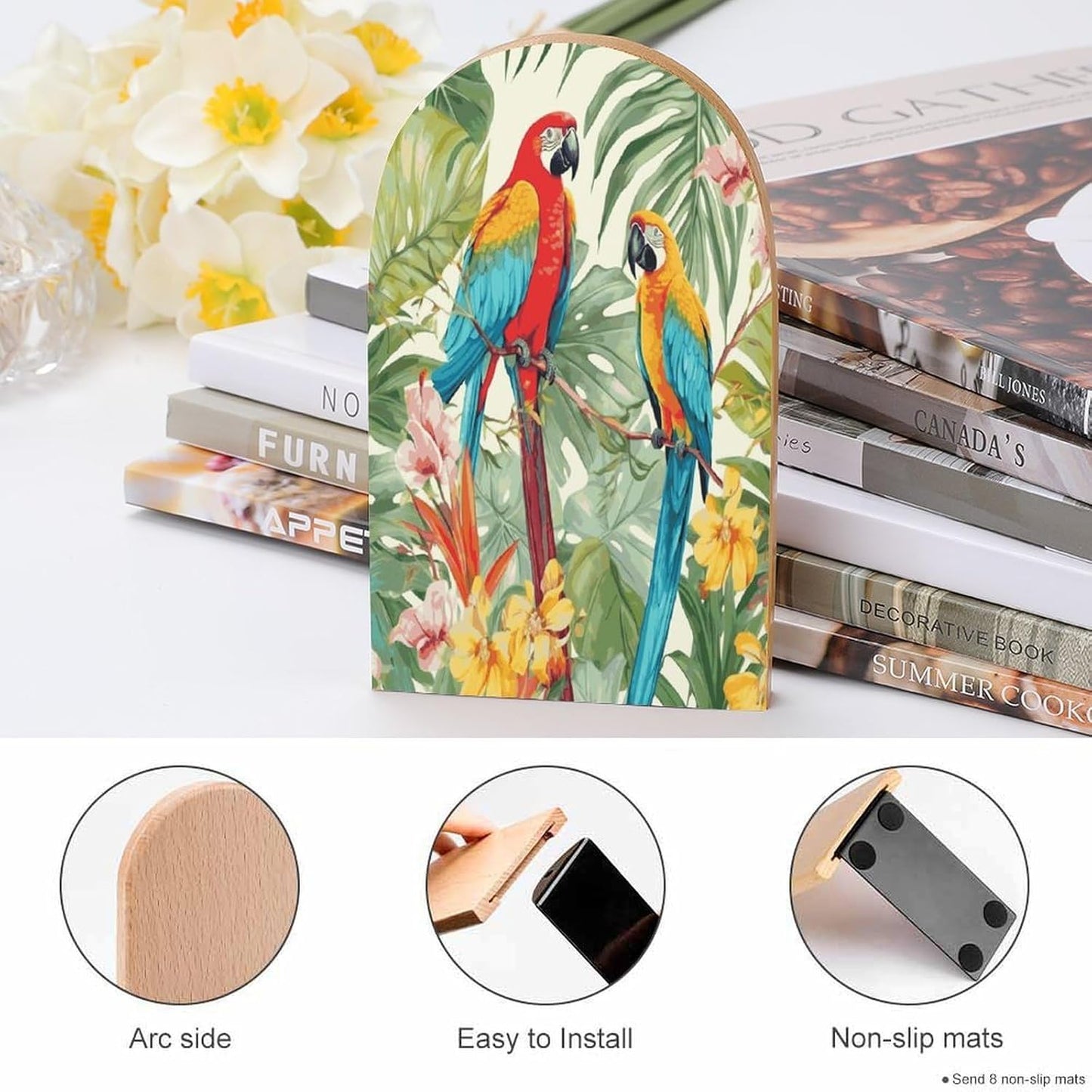 Tropical Plants and Parrots Bookends 1 Pair Heavy Duty Book Ends for Shelves Non-Skid Bookend Supports Wooden Book Holders with Metal Base Desk Organizers Books Storage to Hold Books