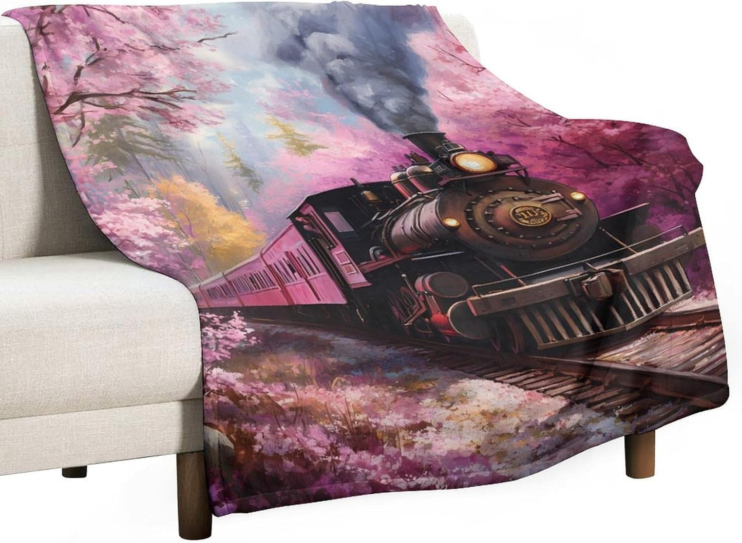 Train Floral Print Throw Blanket for Couch Bed Plush Cozy Fuzzy Flannel Blanket for All Season 55"x70"