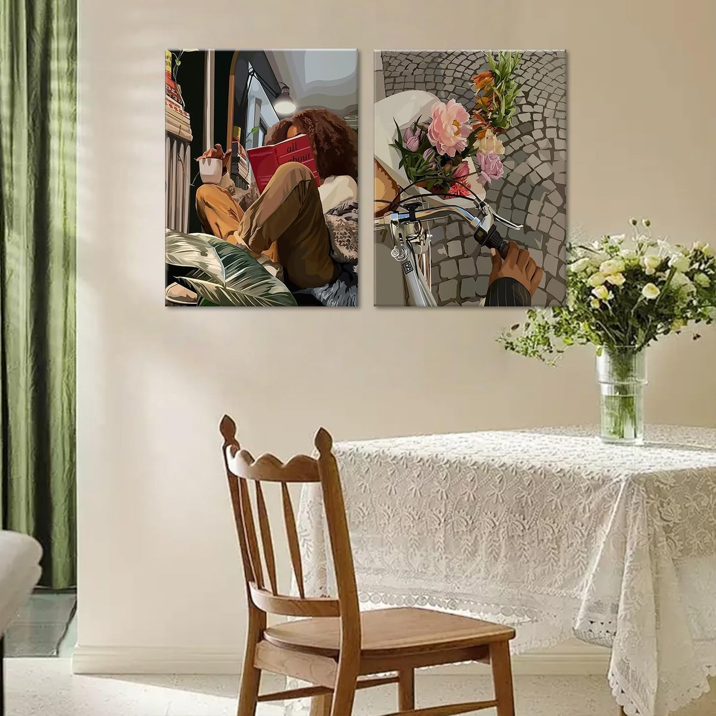 Modern African American Women Wall Art Set of 2,Cozy Reading & Bike Ride with Flowers Painting Canvas Prints,black woman Vintage Aesthetic Poster for Living Room, Bedroom, Office， Framed 12X16in