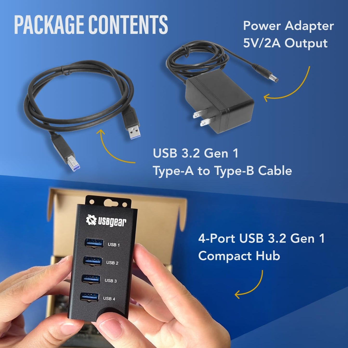USBGear 4 Port USB Hub 3.2 Gen 1 – Mountable SuperSpeed Data Hub with USB Ports for Laptop, PC, Desktop, and More, 5V/2A Power Adapter with Type-A to Type-B Cable (3ft), Computer Accessories