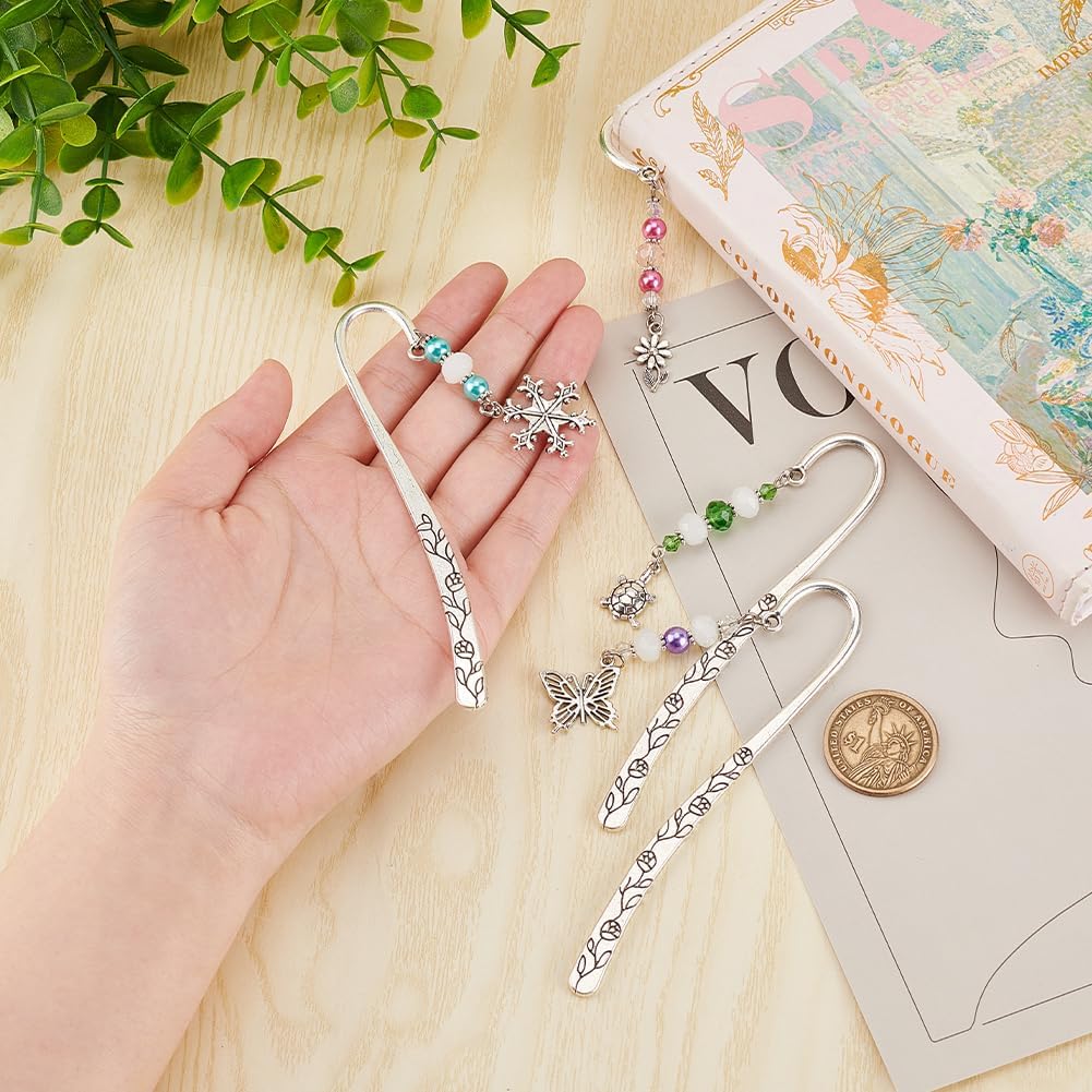 OLYCRAFT 4Pcs Hook Alloy Bookmarks Glass Beaded Bookmark Antique Silver Metal Bookmarks Vintage Bookmark with Butterfly/Flower/Tortoise/Snowflake Pendant for Book Lovers - About 6.5 inch