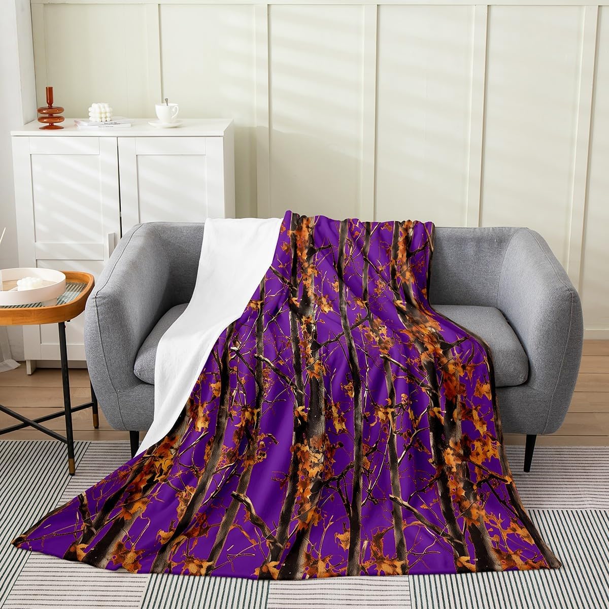 Erosebridal Purple Camouflage Fleece Blanket for Kids Teens Adults,Forest Camo Throw Blanket Twin 60x80 Inch Sofa Bed Decor，Rustic Woodland Hunting Bed Blanket,Country Farmhouse Flannel Blanket