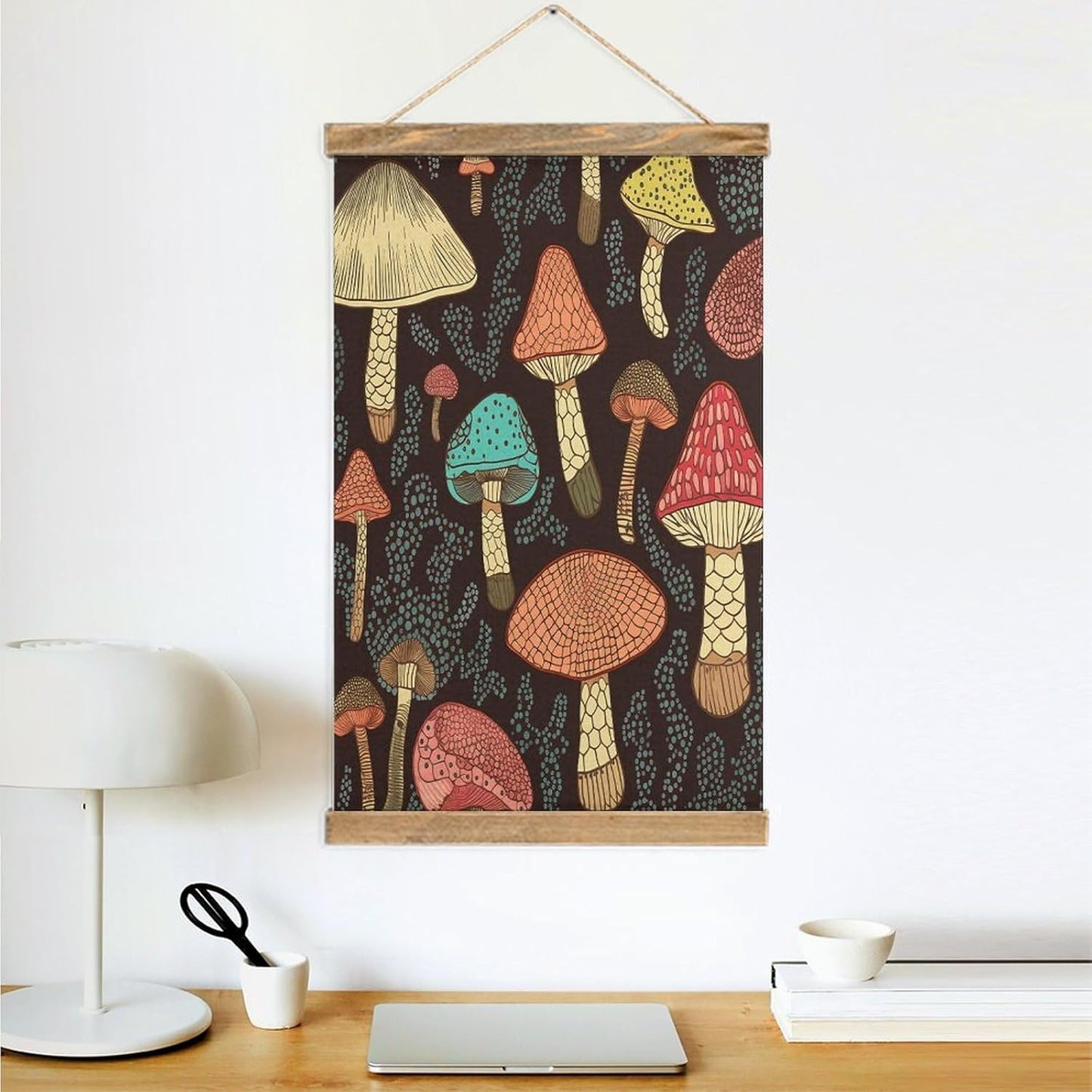 Vintage Mushroom Poster with Wooden Frame Personalized Linen Hanging Scroll Painting Rustic Wall Hanging Illustrative Modern Artwork Decor for Home Living Room Bedroom Office