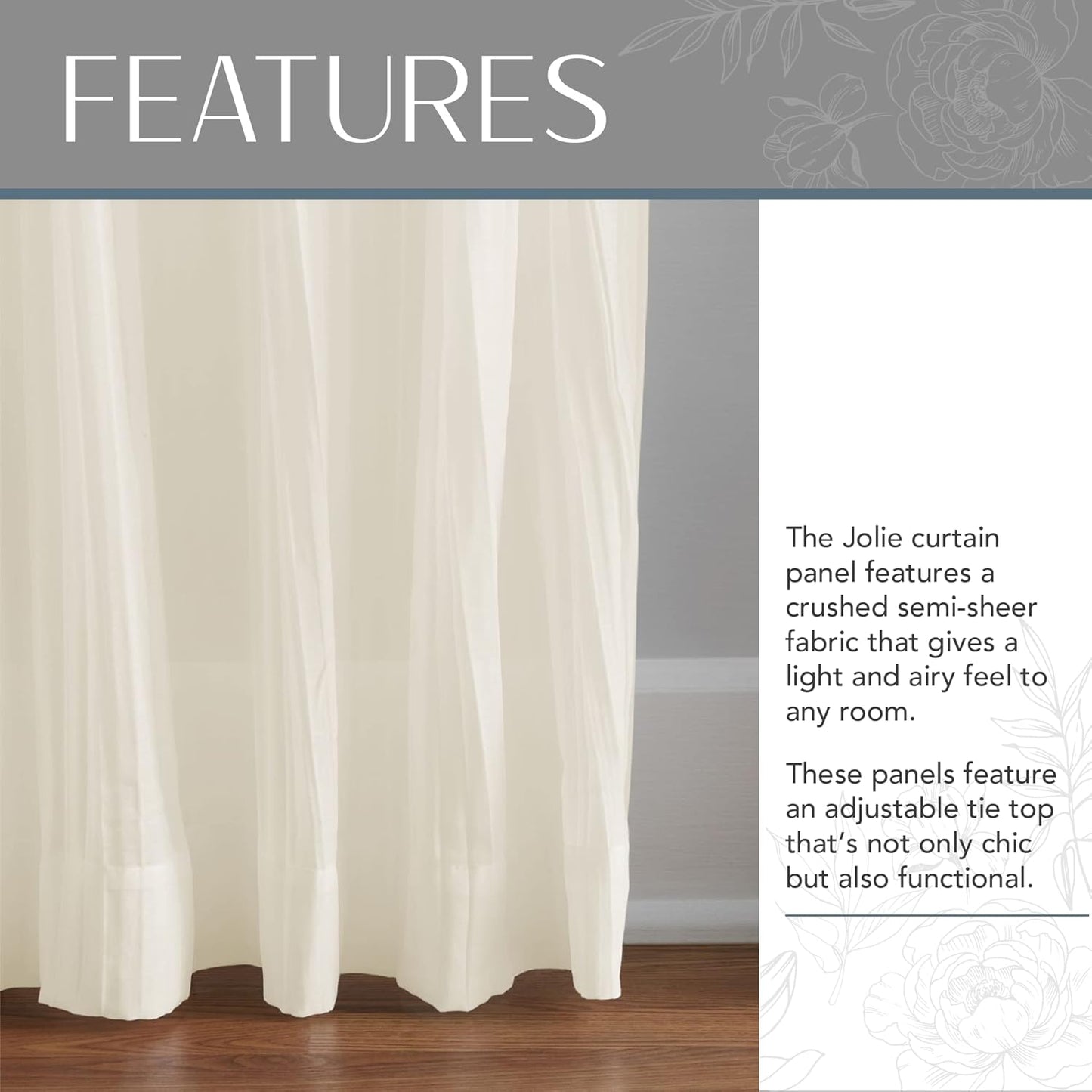 Elrene Home Fashions Jolie Crushed Semi-Sheer Window Curtain, Adjustable Tie-Top Single Panel, 52" x 95" (1 Panel), Ivory