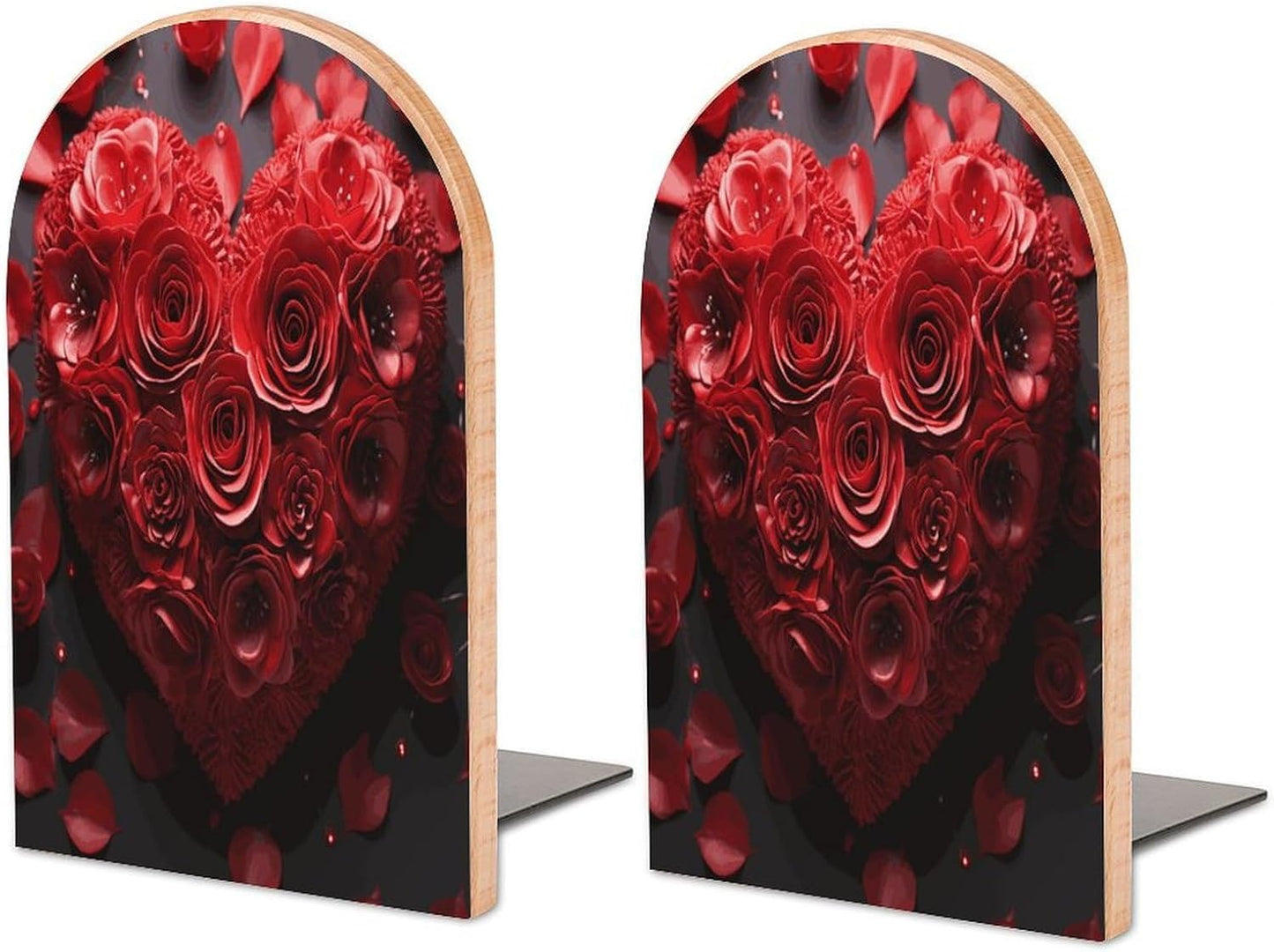 Red Rose Love Heart Bookend for Shelves Wooden Book End Large Size Sturdy Book Holders Stoppers with Metal Base for Bookshelves Slick Decorative Bookends Stands