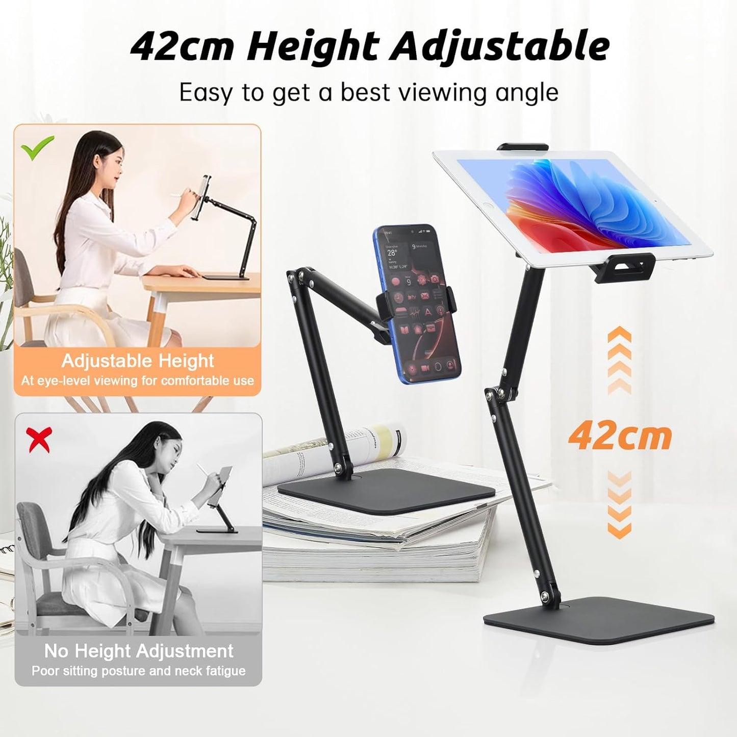 UTEBIT Tablet Stand Holder for iPad, 9.5''-16.5''Height Adjustable Tablet iPad Stand for Desk Support 22LBS, 360°Rotating Arm Portable Monitor Holder Mount for 4''-13''All iPad, iphone 17 16pro, Black