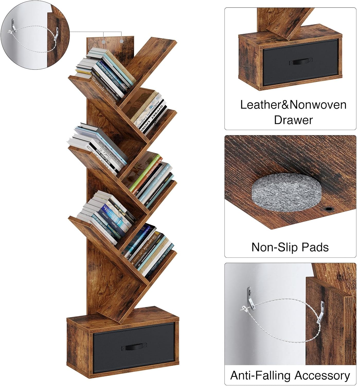 Rolanstar 7 Tier Bookshelf with Drawer, Tree Bookshelf, Small Bookshelves with Storage Rack for CDs/Movies/Books, Standing Book Shelf, Tall Narrow Bookcase for Living Room, Bedroom, Rustic Brown