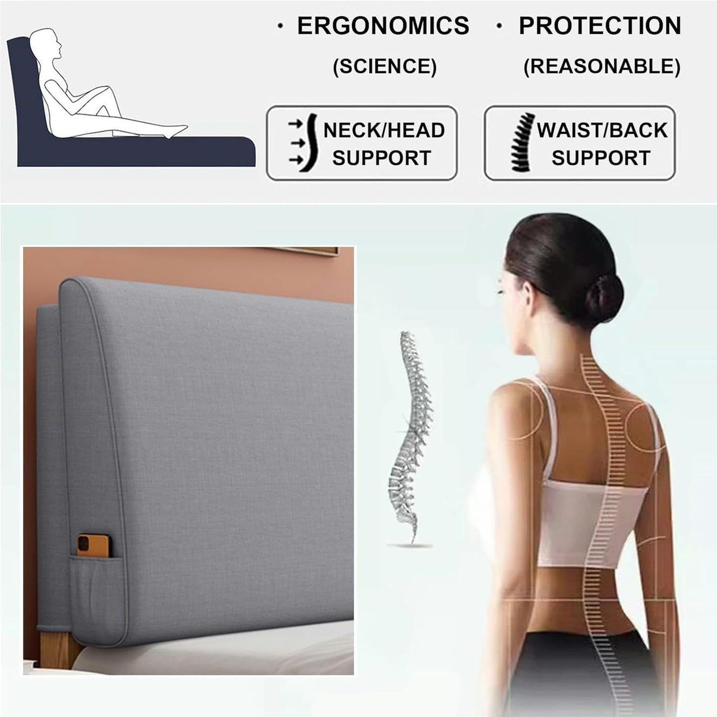AMNOOL Bed Backrest Headboard Cushion Large Wall Pillow Lumbar Support Pillow Daybed Bench Bolster Removable Cover Support for Watching TV, Gaming