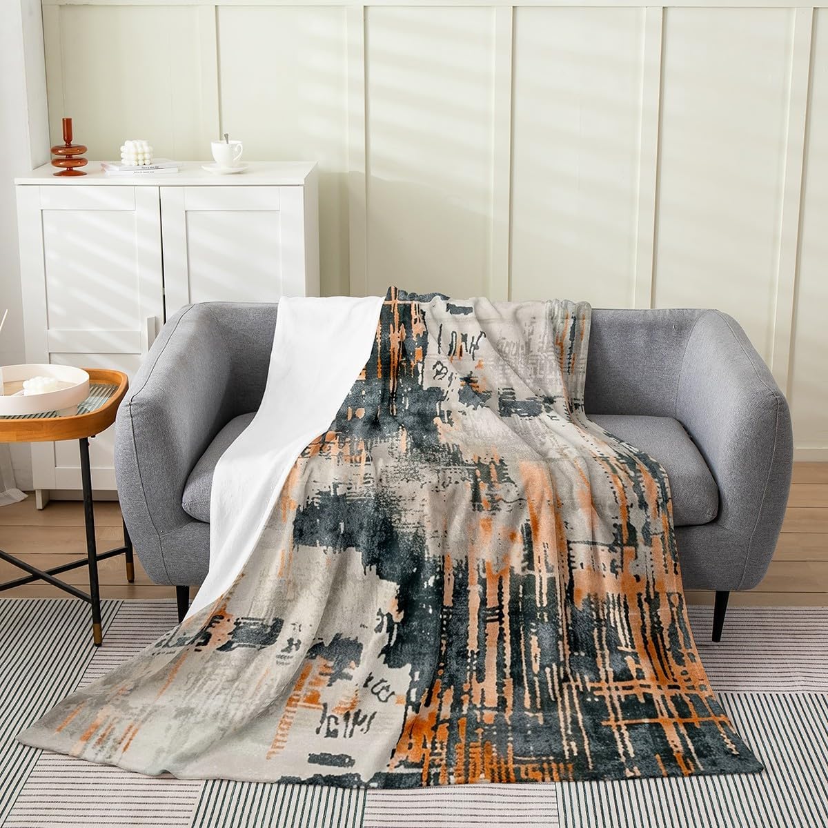 Erosebridal Orange Grey Abstract Throw Blanket Throw 50x60,Modern Watercolor Tie Dye Fleece Blanket for Sofa,Grunge Bed Blanket,Brush Strokes Aesthetic Sherpa Blanket Graffiti Room Decor