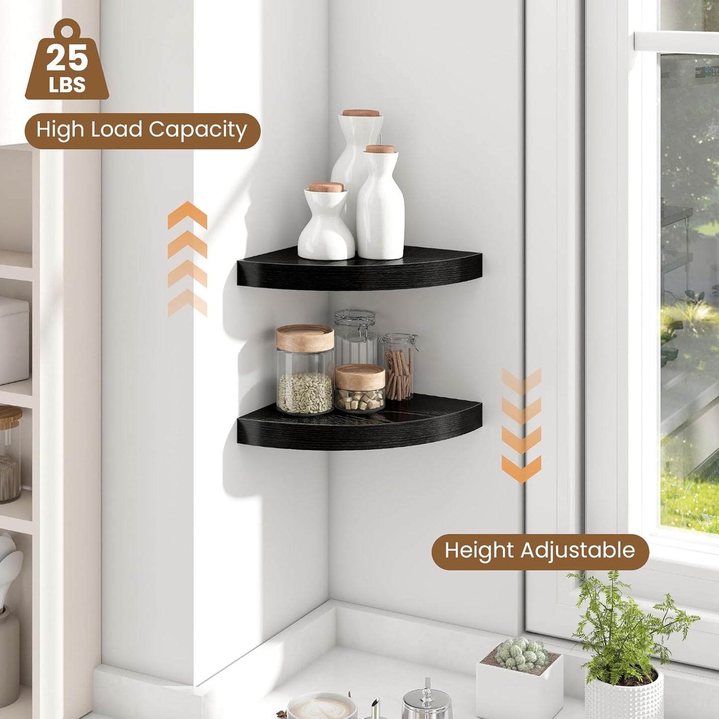 Fun Memories Floating Corner Shelves Set of 2 - Rustic Wood Wall Mounted Storage and Display Shelves for Living Room, Bedroom, Kitchen, Bathroom - Space Saving Home Decor, Black