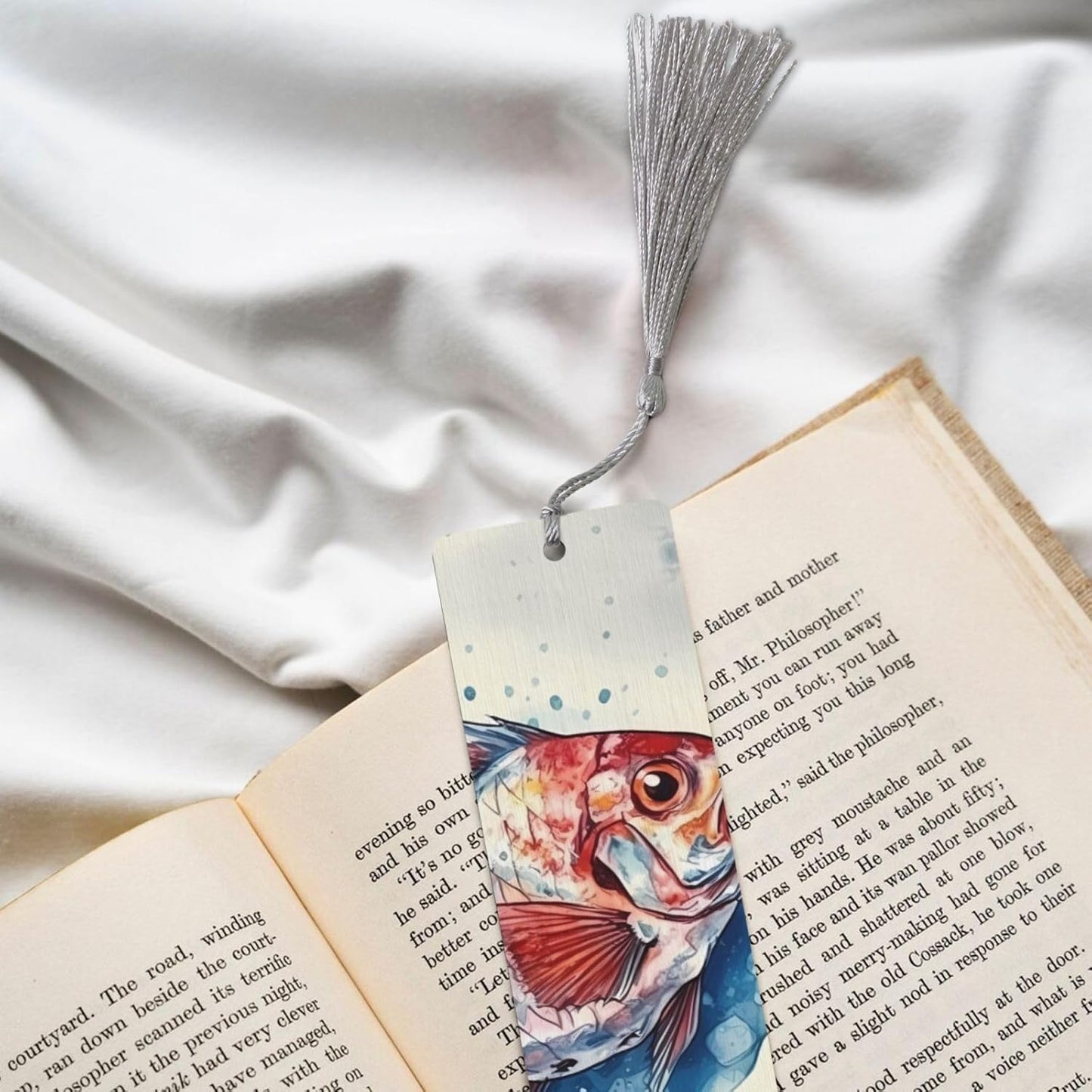 Fish Pattern Bookmarks Gifts for Women Men, Wooden Bookmarks for Book Lovers, Vintage Book Marks Ornaments with Tassel, Unique Personalized Reading Page Markers Gray