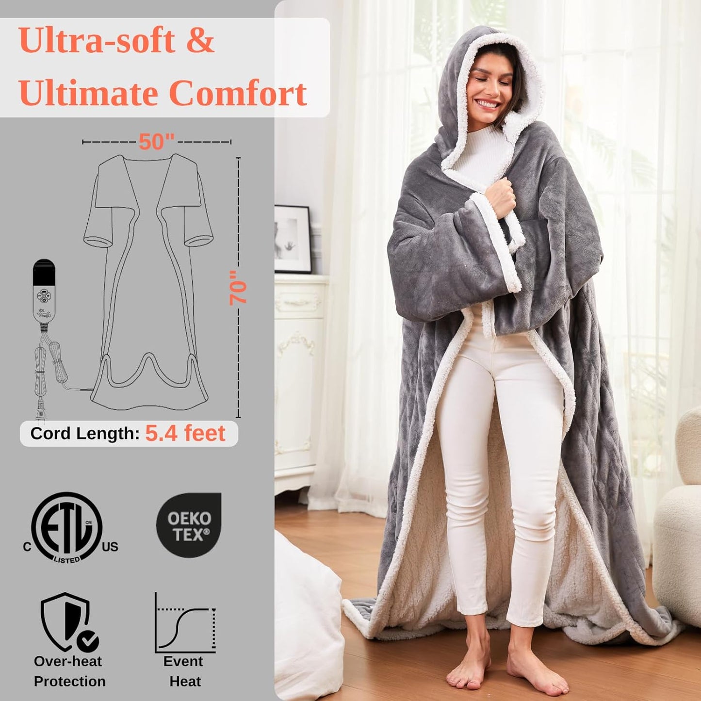 Wearable Heated Blanket with Foot Pocket Sleeves, Heated Robe Heated Snuggie, 6 Heating Levels 4 Hours Auto-Off, Overheat Protection Machine Washable, 50”x70”, Grey