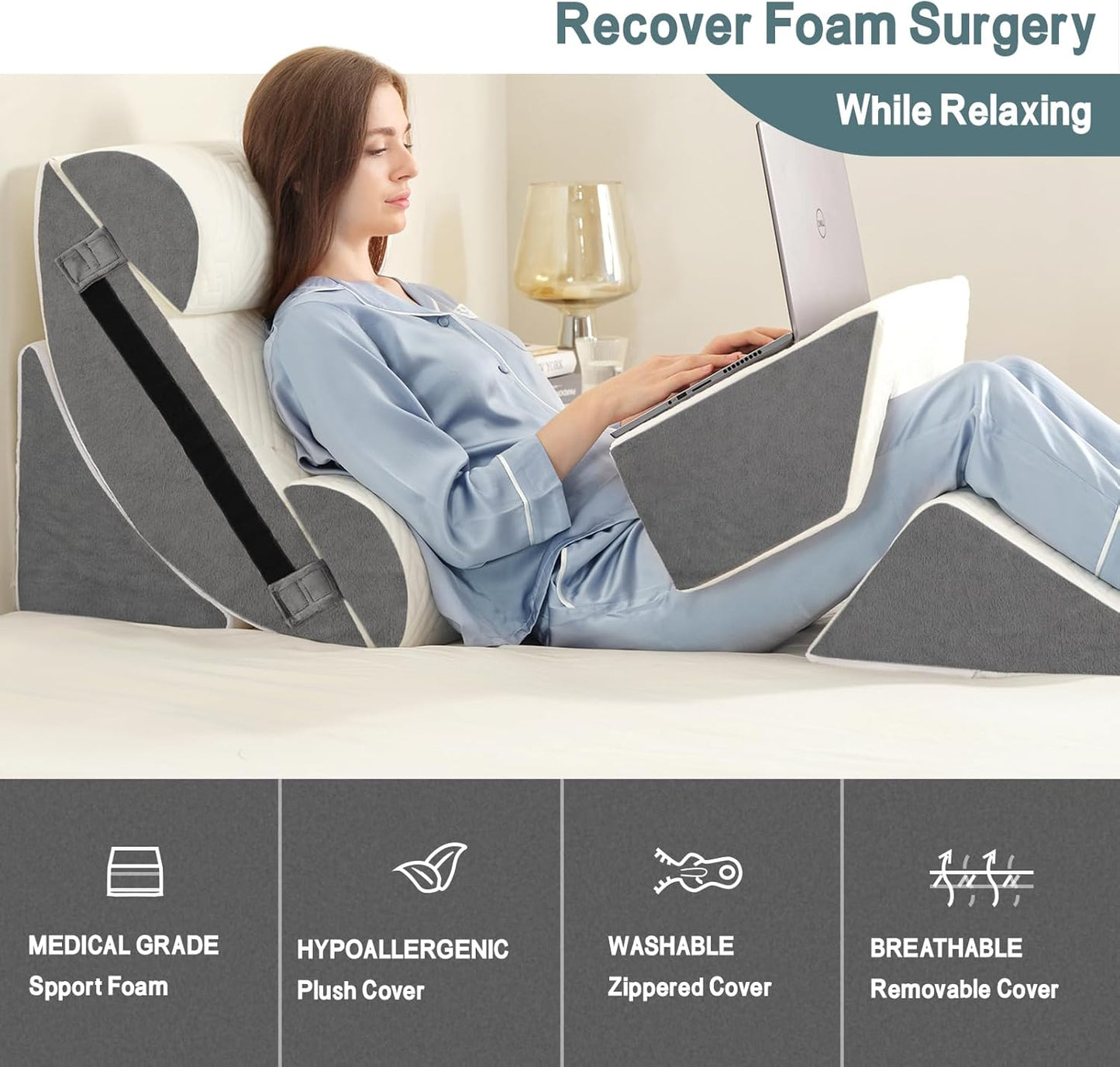 Yojoker 6pcs Orthopedic Bed Wedge Pillow Set for Sleeping, Post Surgery Foam for Body, Back and Leg Pain Relief Comfortable & Adjustable Support Pillows-Anti Snoring, Heartburn