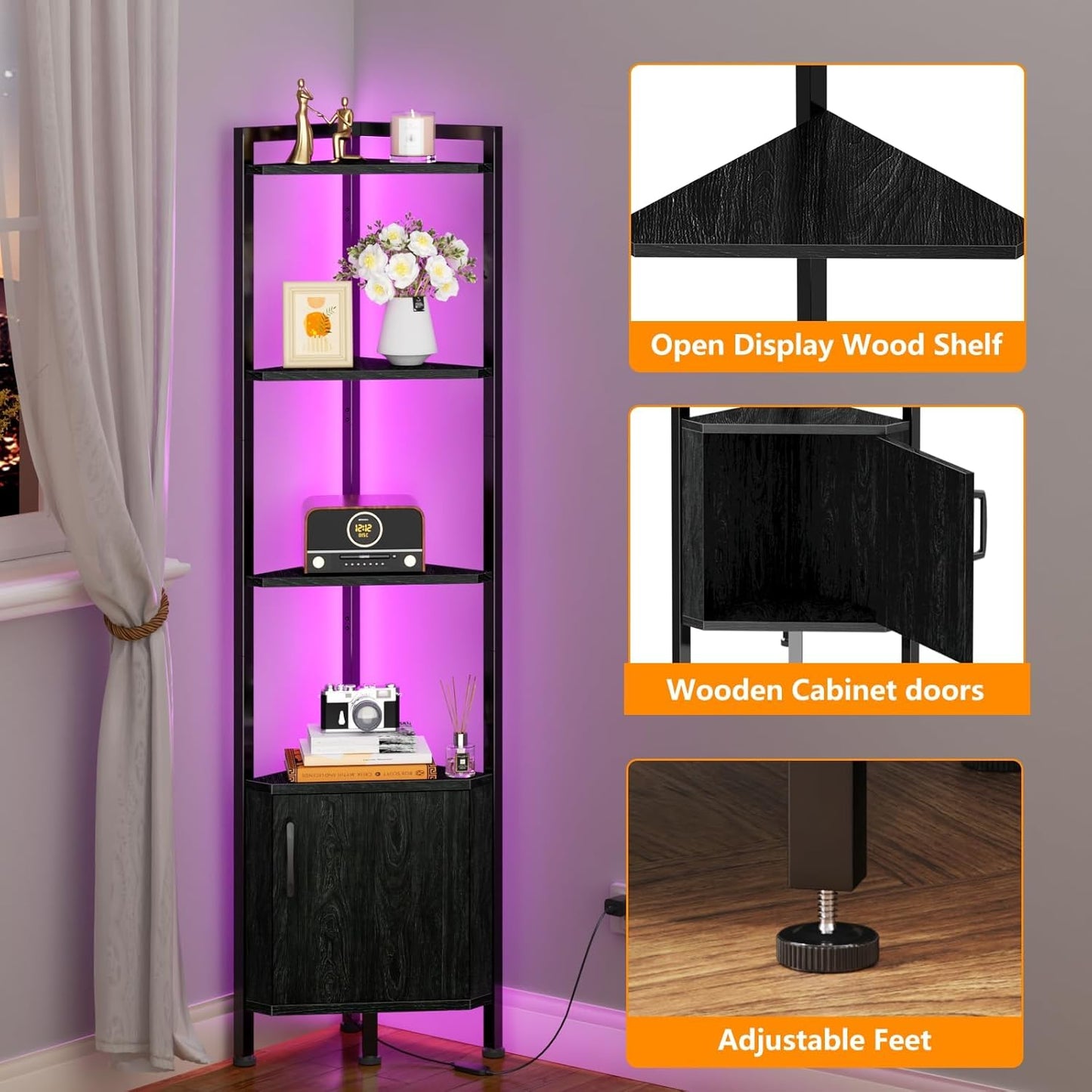 Furnulem Corner Shelf,5-Tier Corner Cabinet with Storage and LED Light, 62.8” Standing Display Bookshelf for Bedroom, Living Room, Kitchen, Wood Display Shelf (Black Oak) | with Storage, LED Light, for Bedroom, Living Room, Kitchen