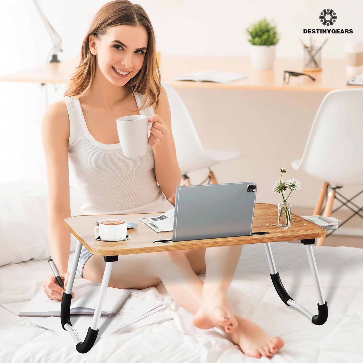 Lap Desk Bed Trays for Eating and Laptops Breakfast in Bed Tray for Sofa/Couch/Study/Reading/Writing with Cup Holder/Drawer On Low Sitting Floor Large Portable Foldable (Walnut Beige)
