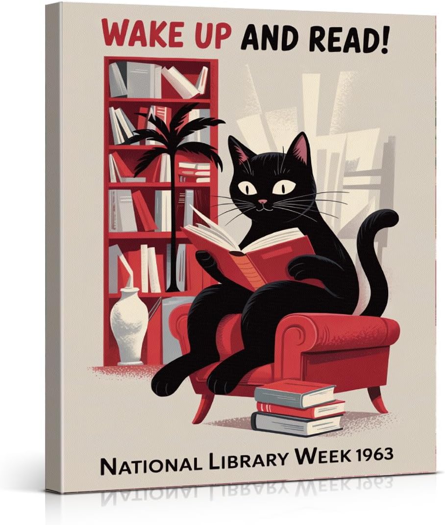 Funny Cat Reading Canvas Wall Art Print Cute Cat National Library Week Picture Poster Wall Decor for Library Home Reading Room 8x10 Framed, Book Lover Gifts