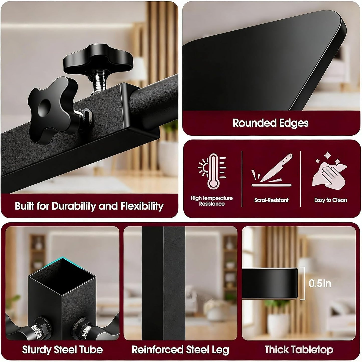 TV Tray Table for Couch, 360° Swivel Height Adjustable TV Tray Table, C Shaped End Table Slides Under Sofa, Snack & Laptop Side Tray for Small Spaces, Black