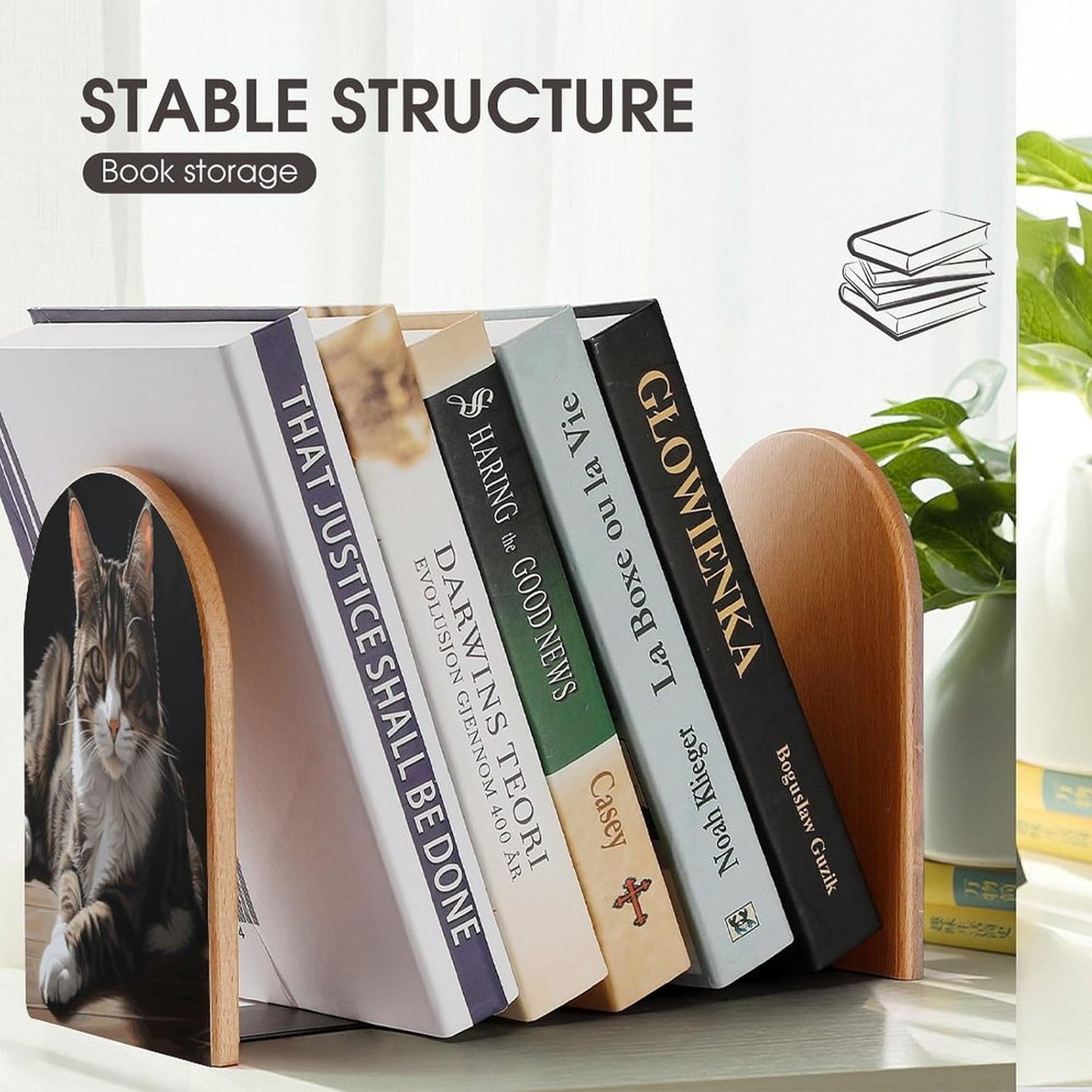 Tabby Cat Bookend for Shelves Wooden Book End Large Size Sturdy Book Holders Stoppers with Metal Base for Bookshelves Slick Decorative Bookends Stands