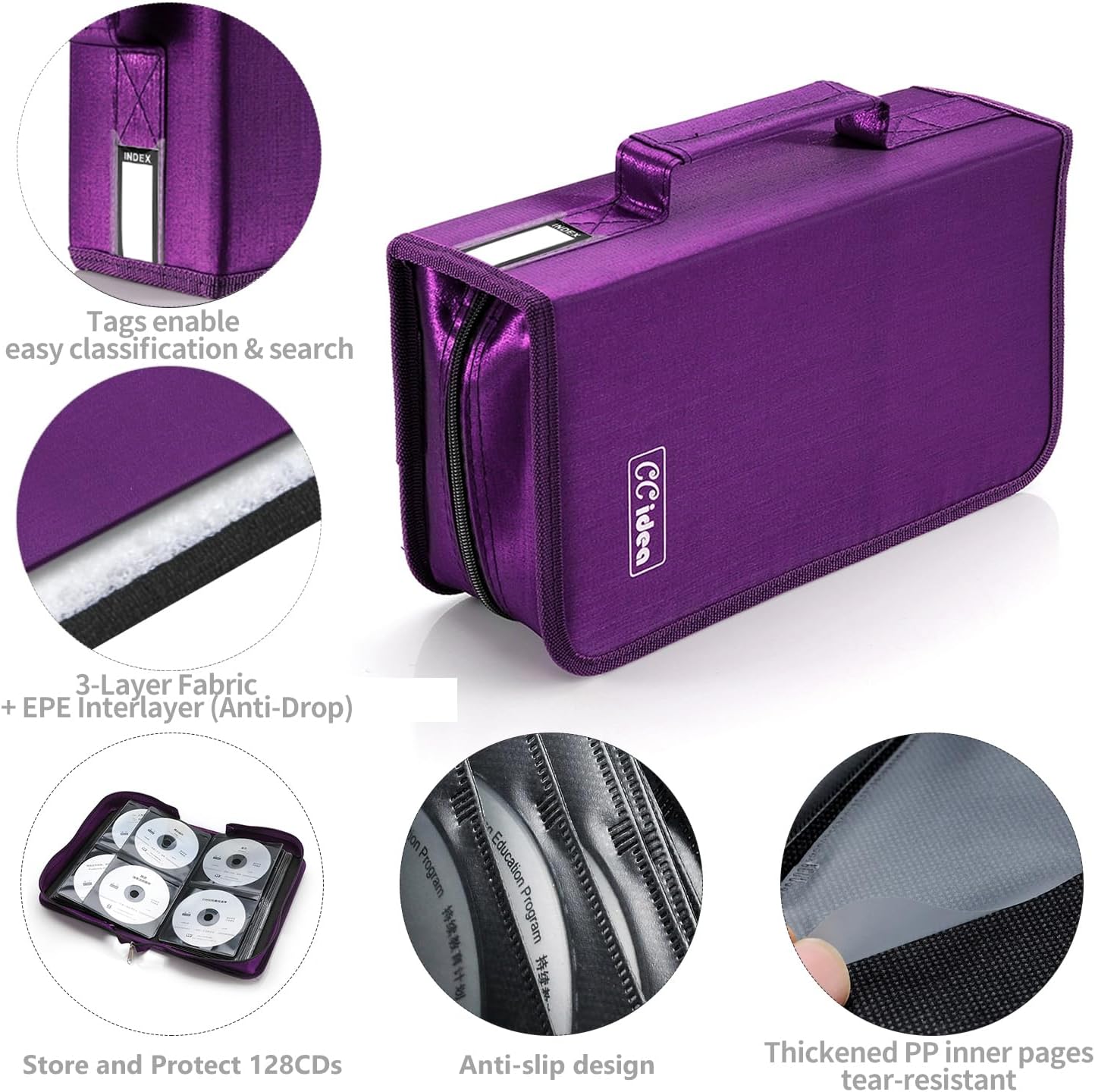 CCidea CD Case DVD Storage Holder, 128 Capacity DVD Cases Organizer CD Plastic Protective Carrying Binder,Portable Cd Wallet for Home Travel (Purple)