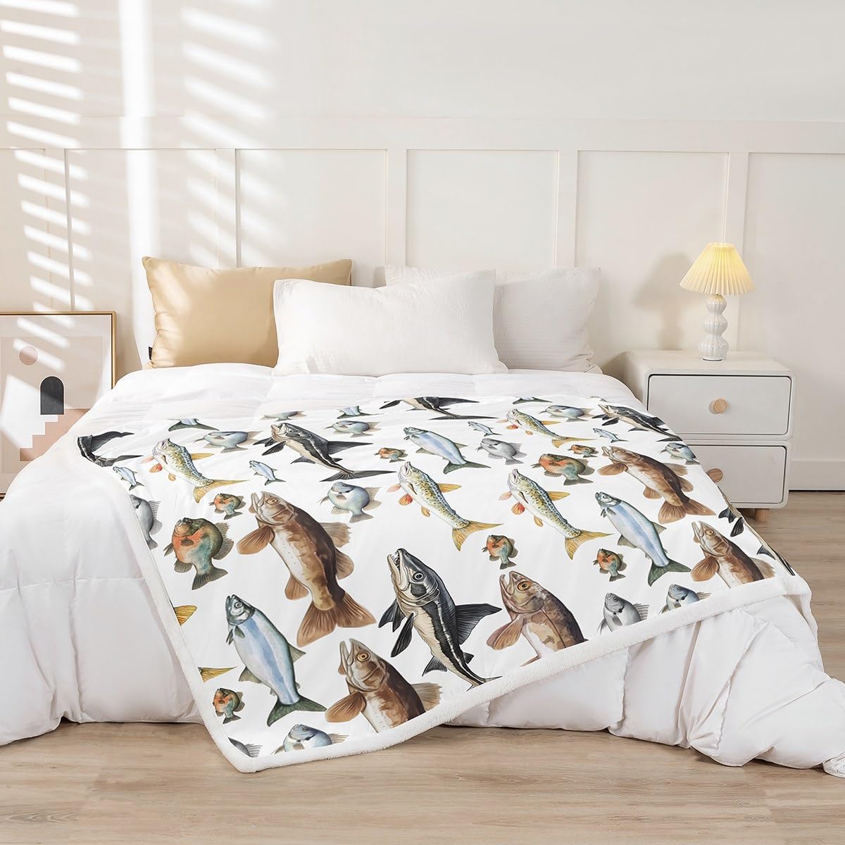 Erosebridal Fishing Fleece Blanket,Freshwater Fish Throw Blanket Twin 60x80 Inch for Bedroom Living Rooms Sofa Couch,Marine Life Fuzzy Blanket,Watercolor Wildlife Sherpa Blanket