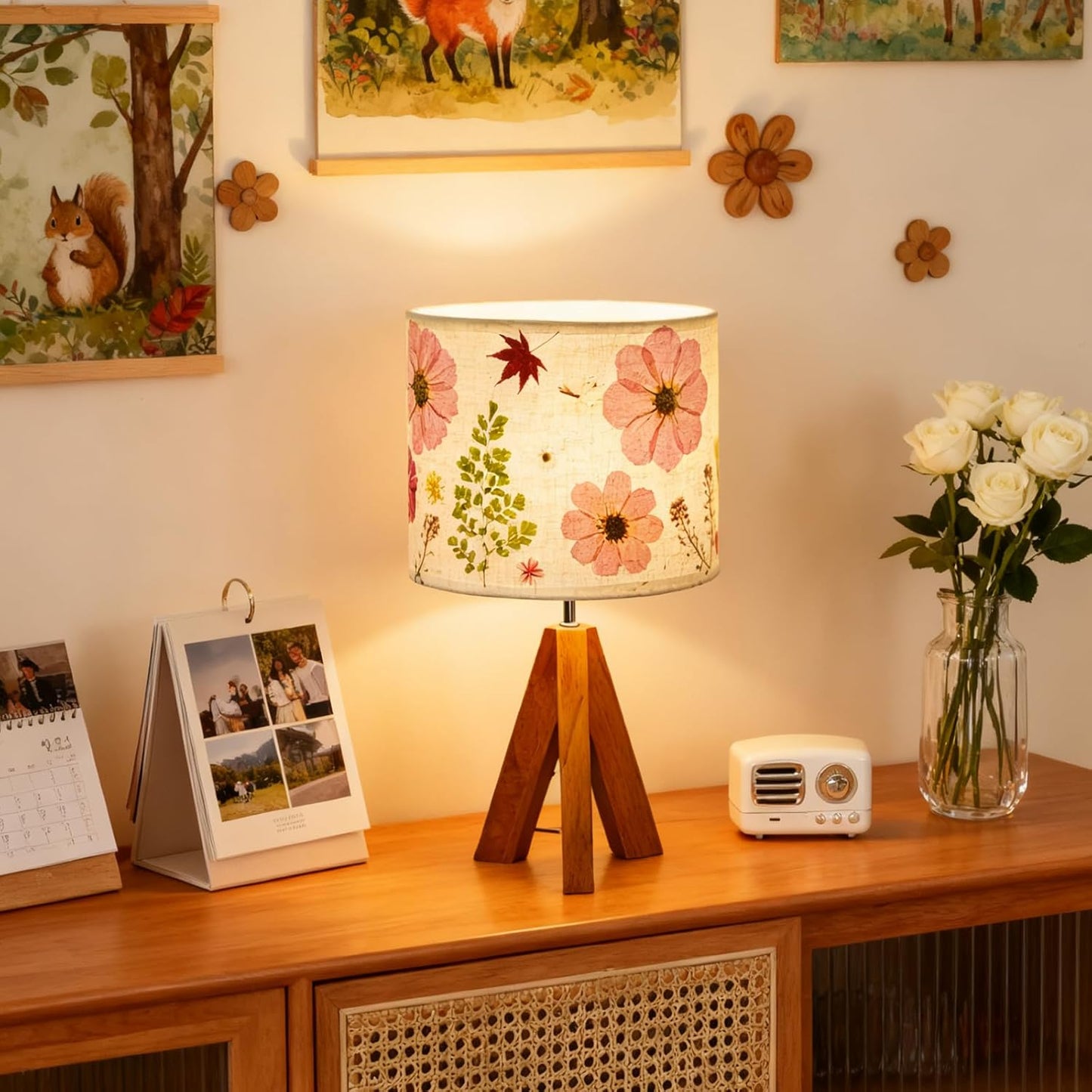 Dried Flowers Tripod Table Lamp 14.56in, 9W LED 3-Color Cute Bedside Lamp with Flowers Linen Lampshade for Nursery, Bedroom, Kid Room, Living Room, Light Brown Wooden Base