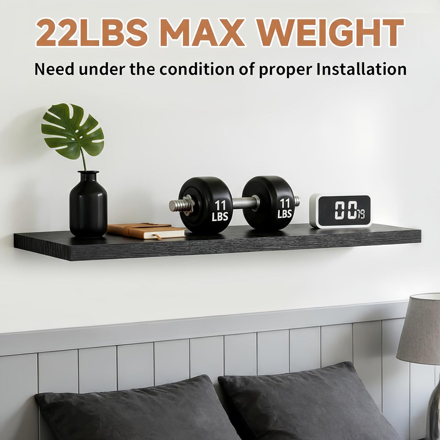 Easy Install Floating Shelves, Wall Mounted Wood Shelf,Hanging Shelf for Home Decor, Books and Storage, Small Organizer for Bedroom, Bathroom, Kitchen, 15.7 Inch Set of 3, Black
