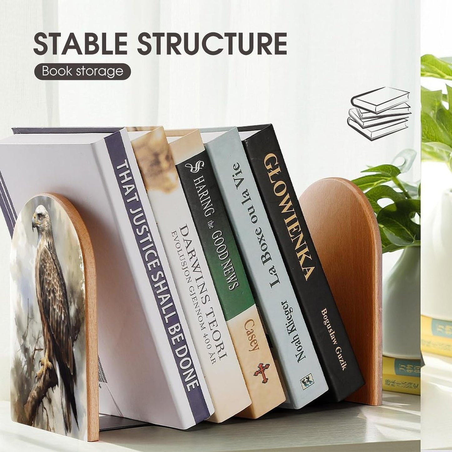 Watercolor of Hawk Sitting in The Tree Bookend for Shelves Wooden Book End Large Size Sturdy Book Holders Stoppers with Metal Base for Bookshelves Slick Decorative Bookends Stands