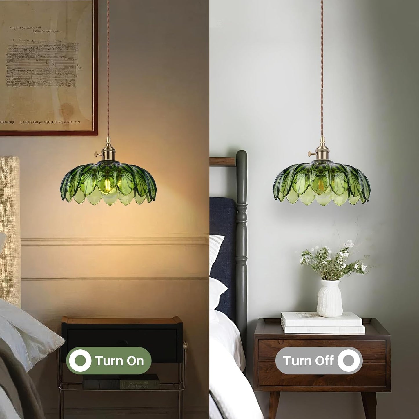 Vintage Green Flower Glass Pendant Light, Hanging Ceiling Lamp Fixture for Kitchen Island, Bedroom, Dining Room, Living Room, Plug in Lighting