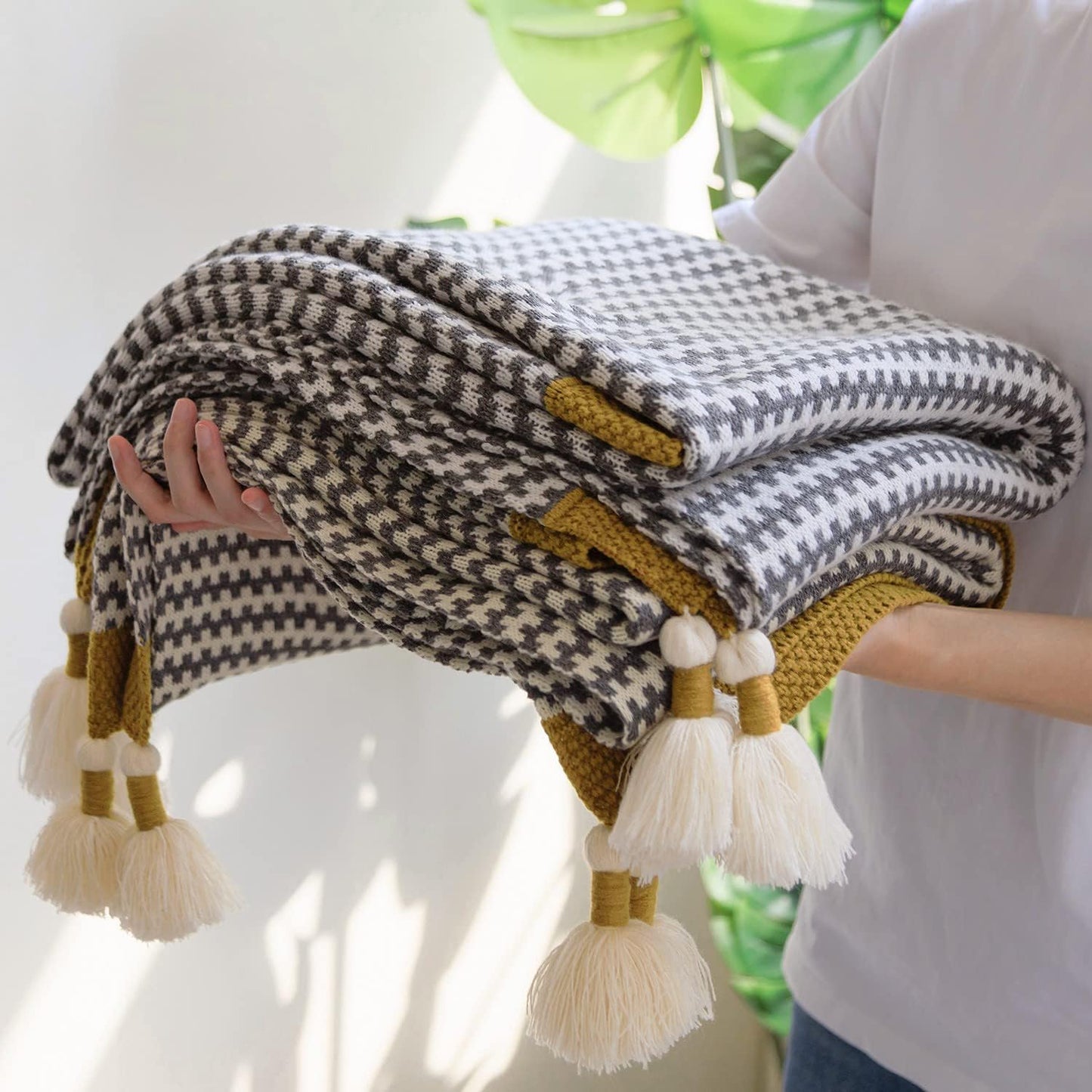 Grey Striped Throw Blanket with Tassels, Knitted Soft Boho Blanket for Couch, Sofa, Bed & Living Room - All Seasons (47.5x60 Inch)