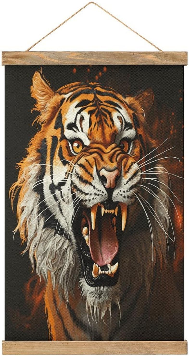 Vintage Roaring Tiger Poster with Wooden Frame Personalized Linen Hanging Scroll Painting Rustic Wall Hanging Illustrative Modern Artwork Decor for Home Living Room Bedroom Office