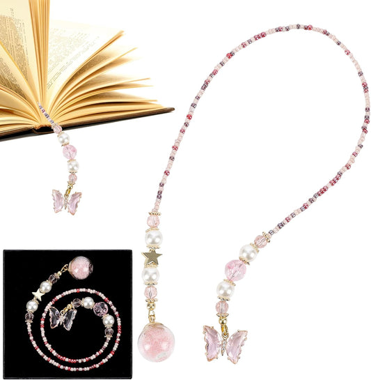 Fantasy Butterflies Bookmark Gifts - Pink Cute Aesthetic Beaded Bookmarks for Women Girls Book Lovers Crystal Bead Chain Page Marks School Office Reading Accessories Bookish Gift for Birthday