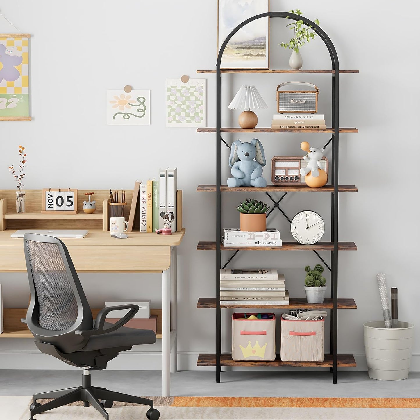 6 Tier Bookshelf, 83" Tall Arched Bookcase, Tall Book Shelf with Metal Frame, Industrial Display Standing Shelf for Living Room, Home Office, Bedroom, Brown