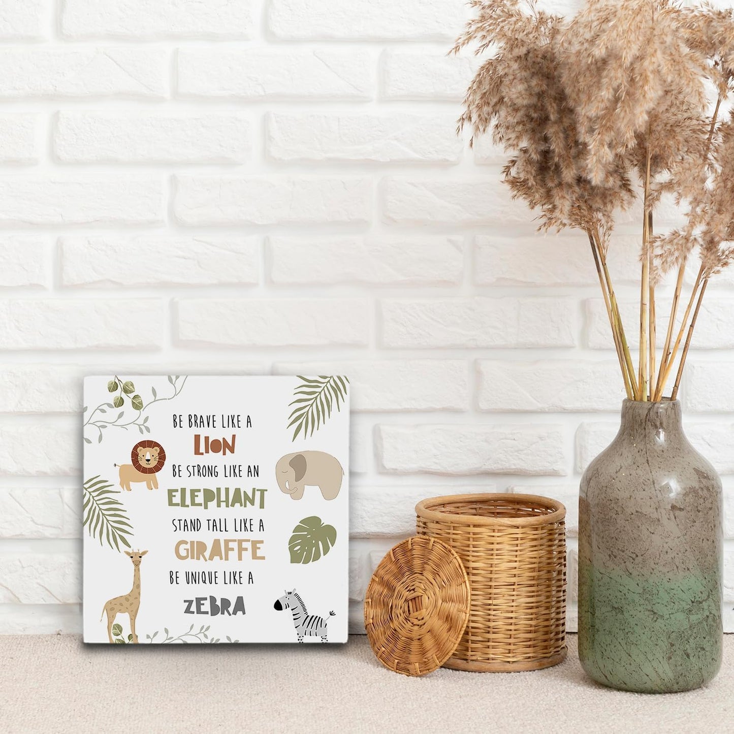 Animal Nursery Wood Box Sign 5×5 Inches, Inspirational Forest Animal Lion Elephant Giraffe Zebra Wood Sign for Kids Room Dorm Nursery Bedroom Home Desk Tabletop Shelf Decor