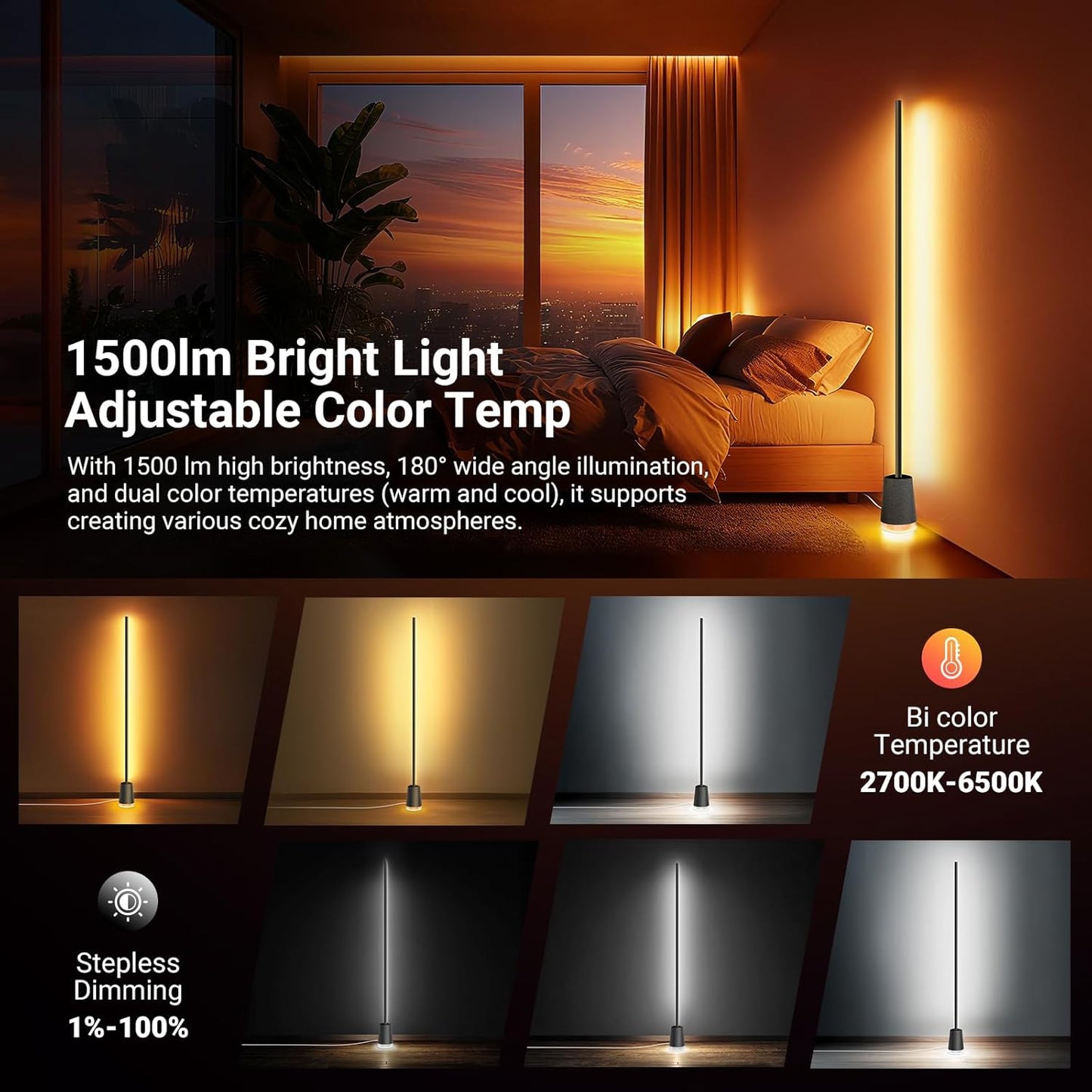 NEEWER NF06 Smart LED Floor Lamp, 1500lm RGBCW Standing Corner Light, Compatible with Google Assistant Alexa, APP/AI Design/Music Sync/16 Million Color Ambient Lighting, Living Room Bedroom Home Decor