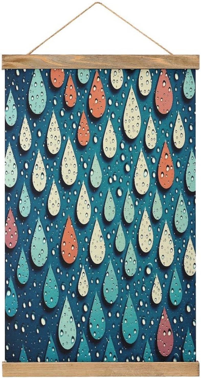 Vintage Water Drops Dots Poster with Wooden Frame Personalized Linen Hanging Scroll Painting Rustic Wall Hanging Illustrative Modern Artwork Decor for Home Living Room Bedroom Office