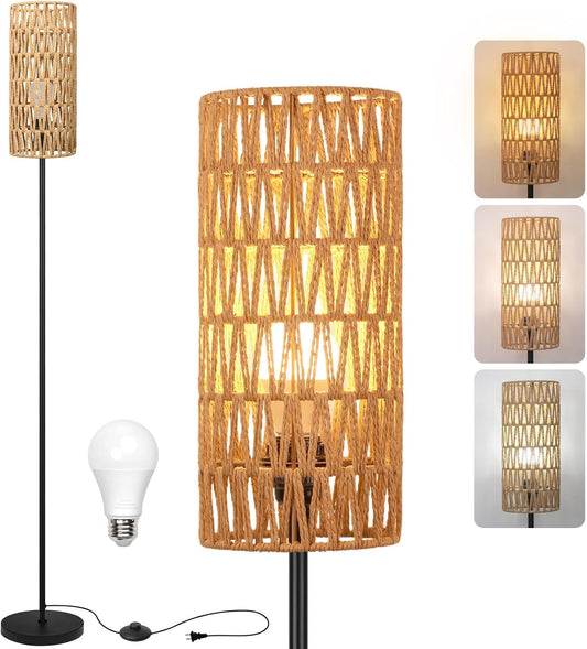 Floor Lamp for Living Room,Farmhouse Rattan Floor lamp,Modern Standing lamp with Hand-Worked Rattan Shade,Black Tall Lamp with Foot Switch for Bedroom,Kids Room,Office,LED Bulb is Included.