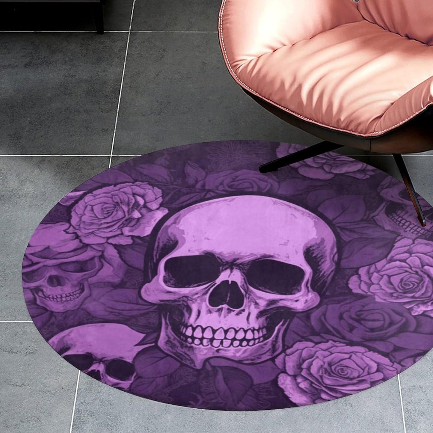 Purple Skulls and Roses Circle Rug Retro Luxury Coral Velvet Floor Mat Non Slip Soft Indoor Floor Carpet Comfy Thickened Area Rugs Modern Aesthetic Minimalist Carpets for Home Decor