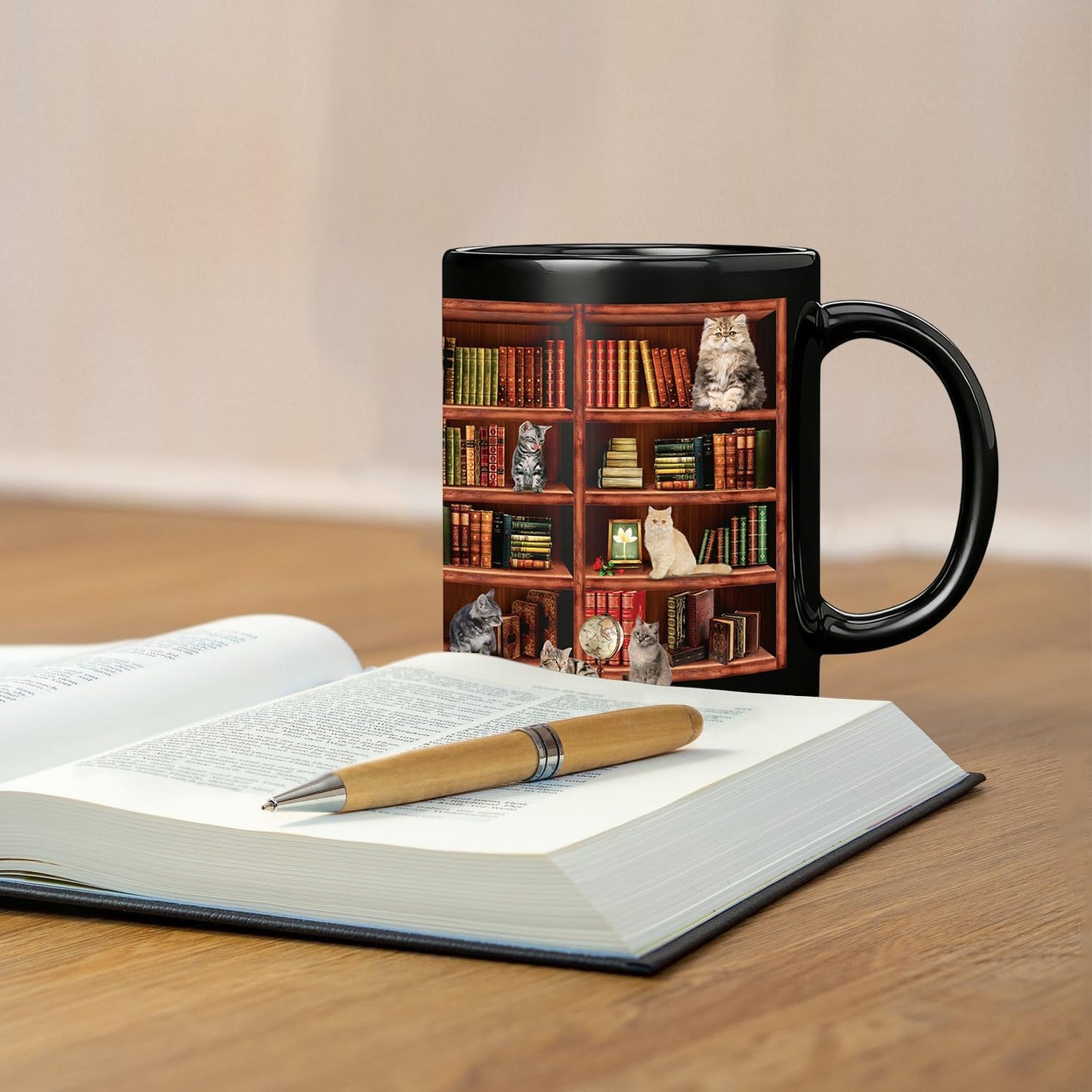 Coffee Mug for Book Lovers - Cat Mugs for Cat Lovers - Funny Mugs Charming Gifts for Book Lover Women and Cute Gifts for Writers & Readers - Library Bookshelf Mug - 11oz Black Ceramic Coffee & Tea Cup