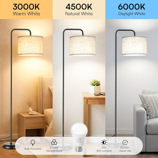 TJOY Floor Lamp for Living Room, Floor Lamp with 12W 3 Color Temperatures Bulb, Metal Standing Lamp with Extended Arm, Modern ARC Standing Lamp for Bedroom, Couch, Reading Nook, Office &Nursery, Black