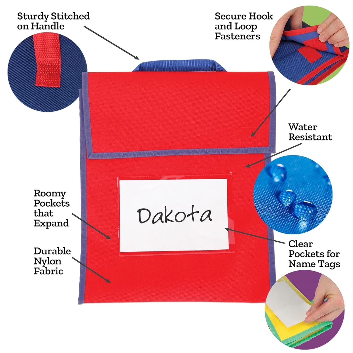 Really Good Stuff-666029 Store More Large Book Pouches – Send Home Books and Homework in Durable Fabric Book Bag – Stitched-On Handle, Clear Name Tag Pocket, Primary Colors, 12”x1”x15” (Set of 4)
