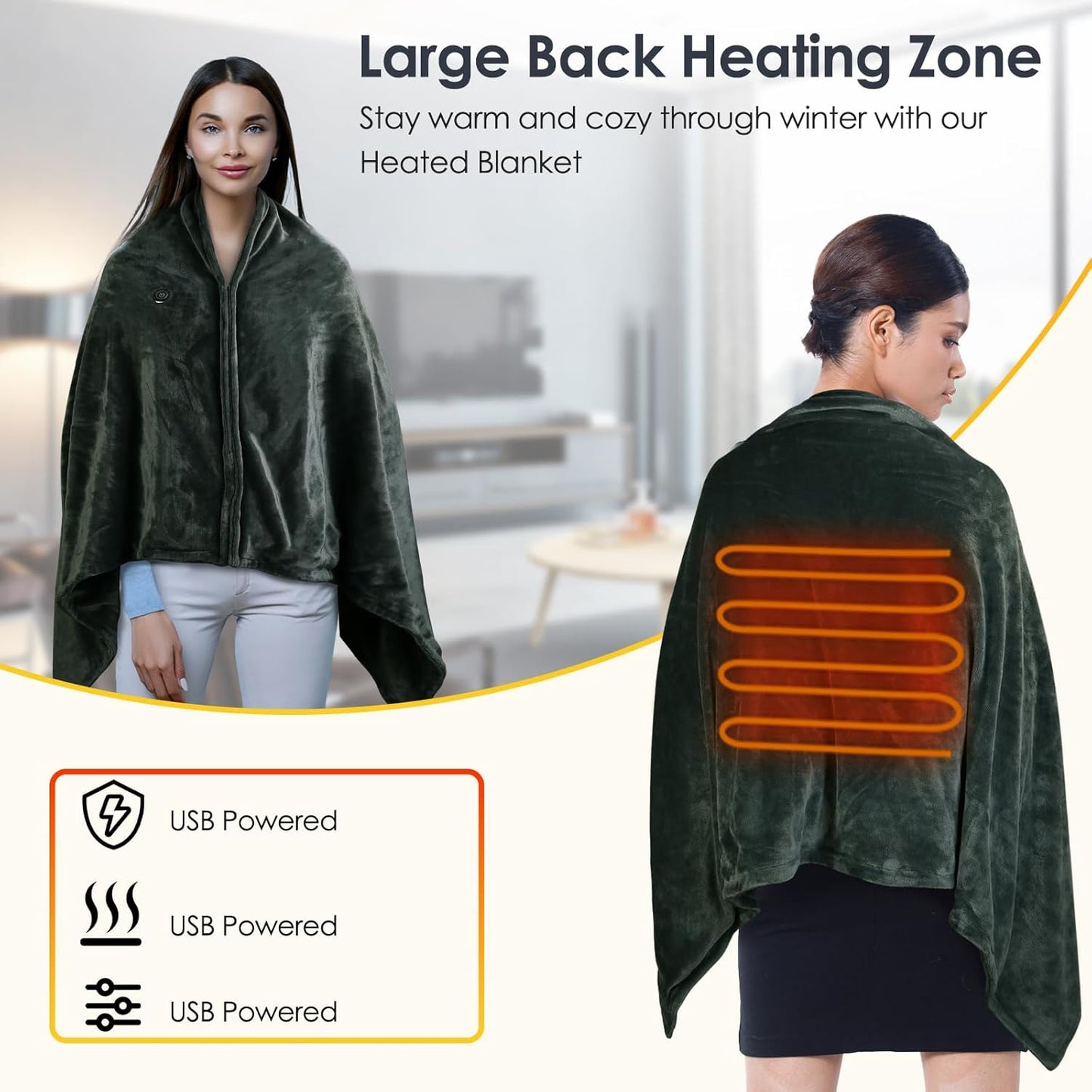 USB Heated Blanket Electric Throw, 59" x 31" Electric Heated Shawl Poncho Wrap Blanket with Zipper, Soft Cozy Flannel Gift Wearable Blanket for Car Office Home Travel, Standard
