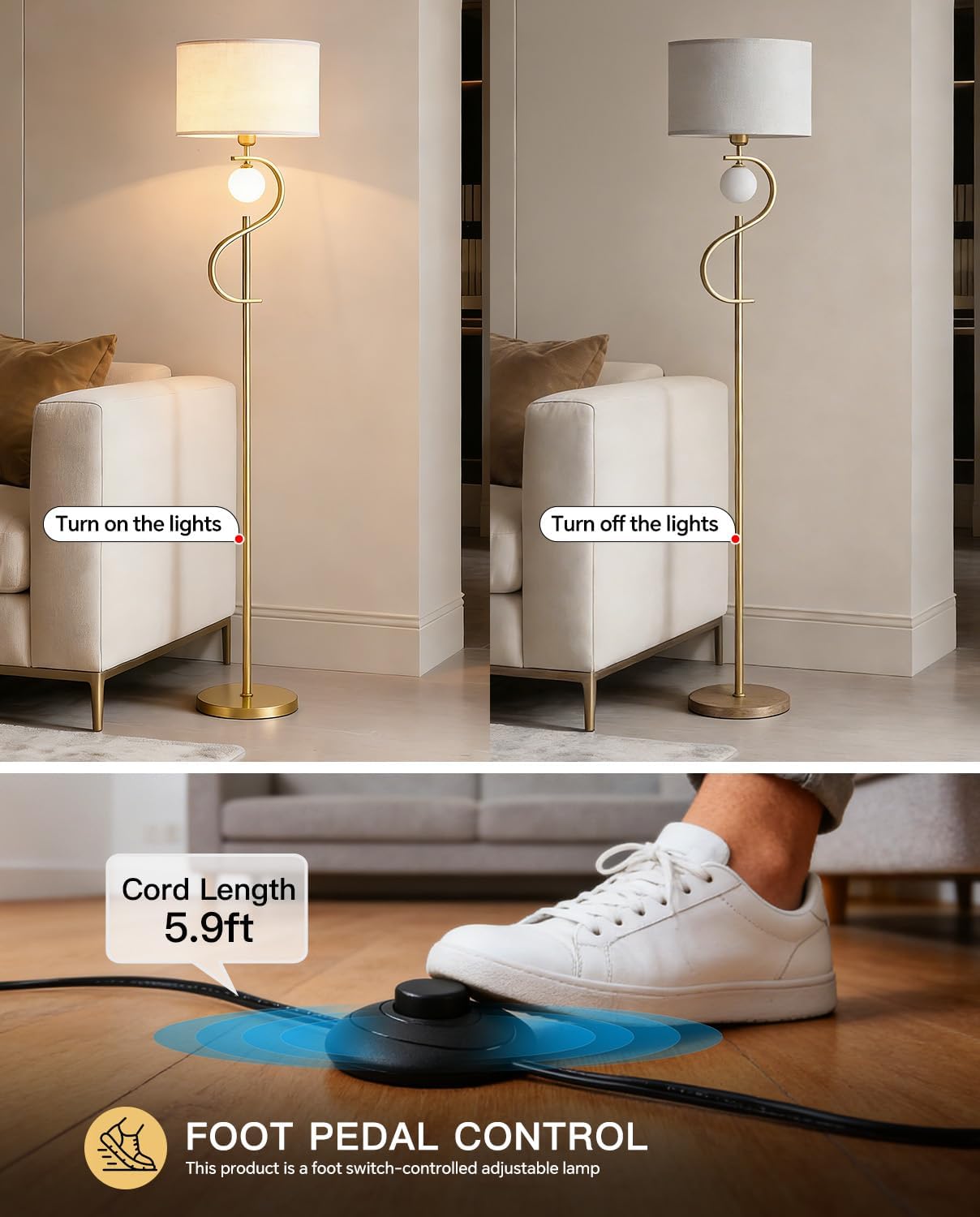 63" Vintage Gold Floor Lamp with Spherical Light, Mid-Century Modern Linen Shade Standing Lamp for for Living Room Reading House Bedroom Home (LED Bulb Included)