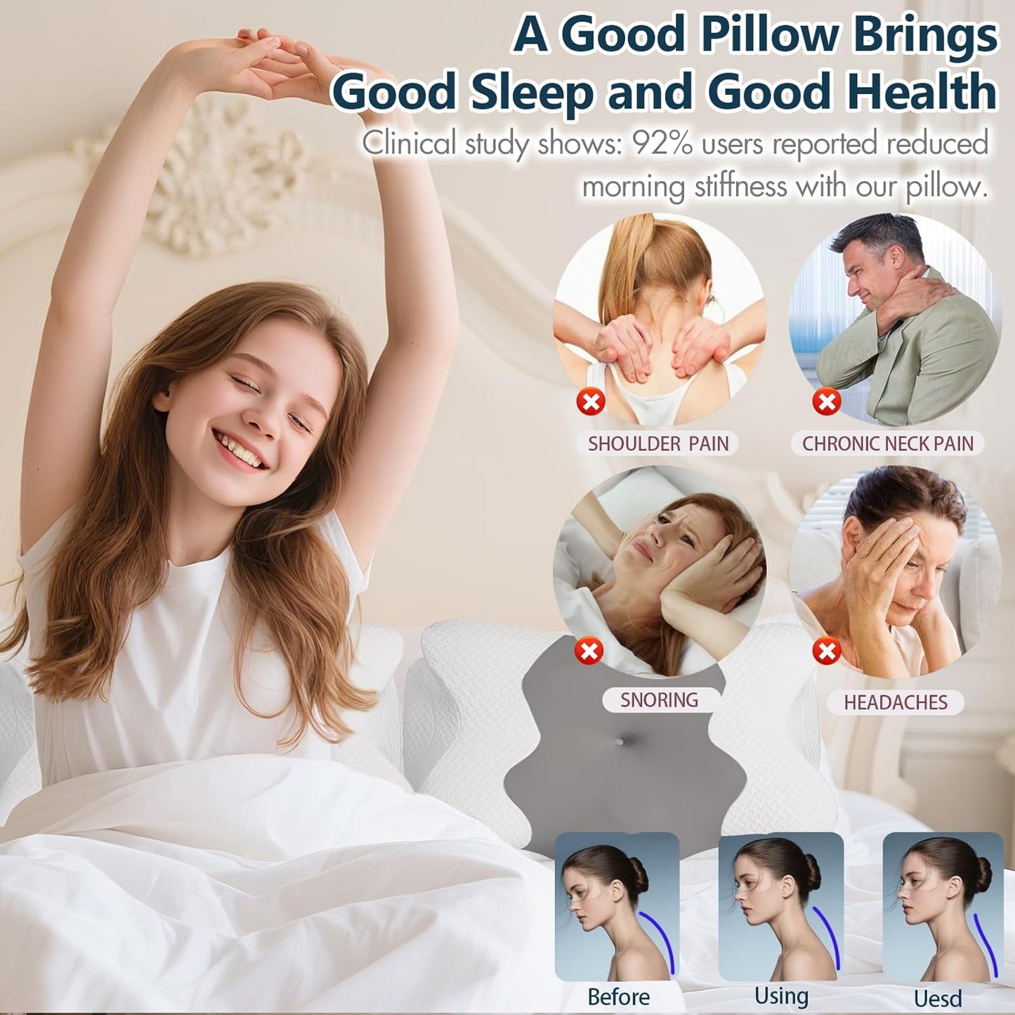 Cervical Neck Pillow for Sleeping, Adjustable Ergonomic Pillow, Contour Neck Support Side Sleeper Pillows for Adults, Memory Foam Pillow for Neck and Shoulder Pain Relief, Back,Stomach Sleeper