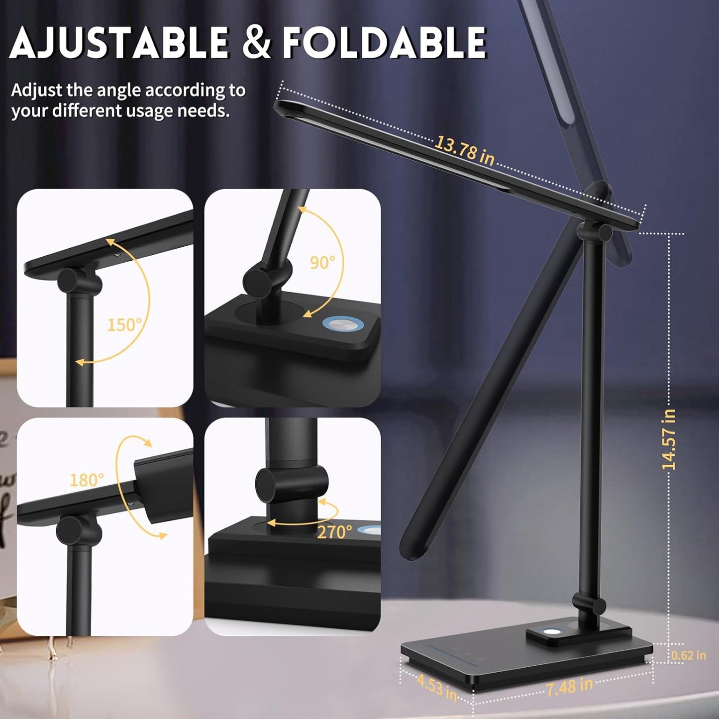 LED Desk Lamp for Home Office, USB Charging Port, Reading Desk Light with 5 Color Temperatures, Stepless Dimming, Table Lamp with Timer, Night Light, Foldable Desk Lamp for College Dorm Room (Black)