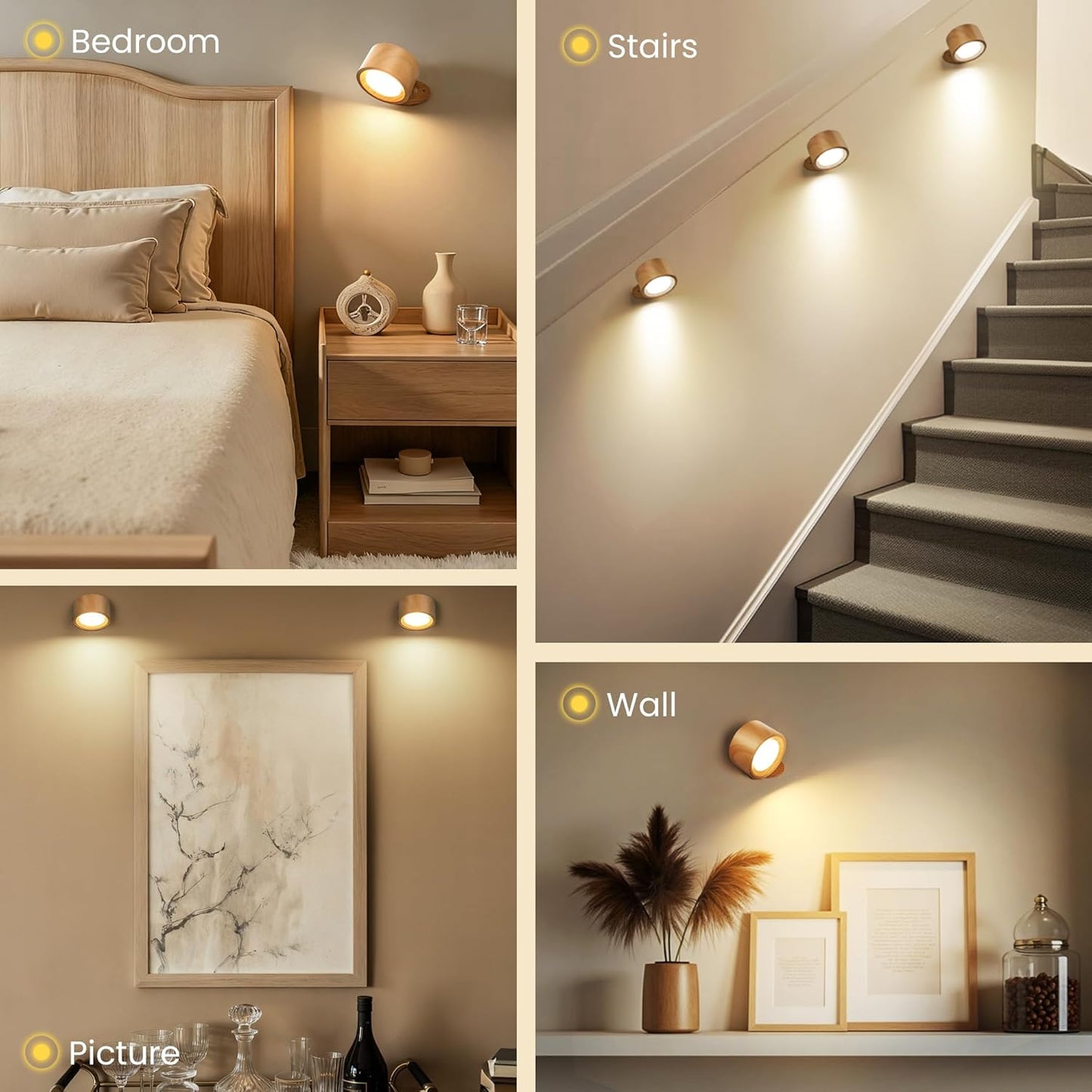 Wall Mounted Lamp LED Wall Lights with Rechargeable Battery Operated, 3 Color Temperatures & 3 Brightness Levels 360°Rotate Magnetic Ball, Cordless Sconces for Bedroom Reading Bedside,Wood-1 Pack