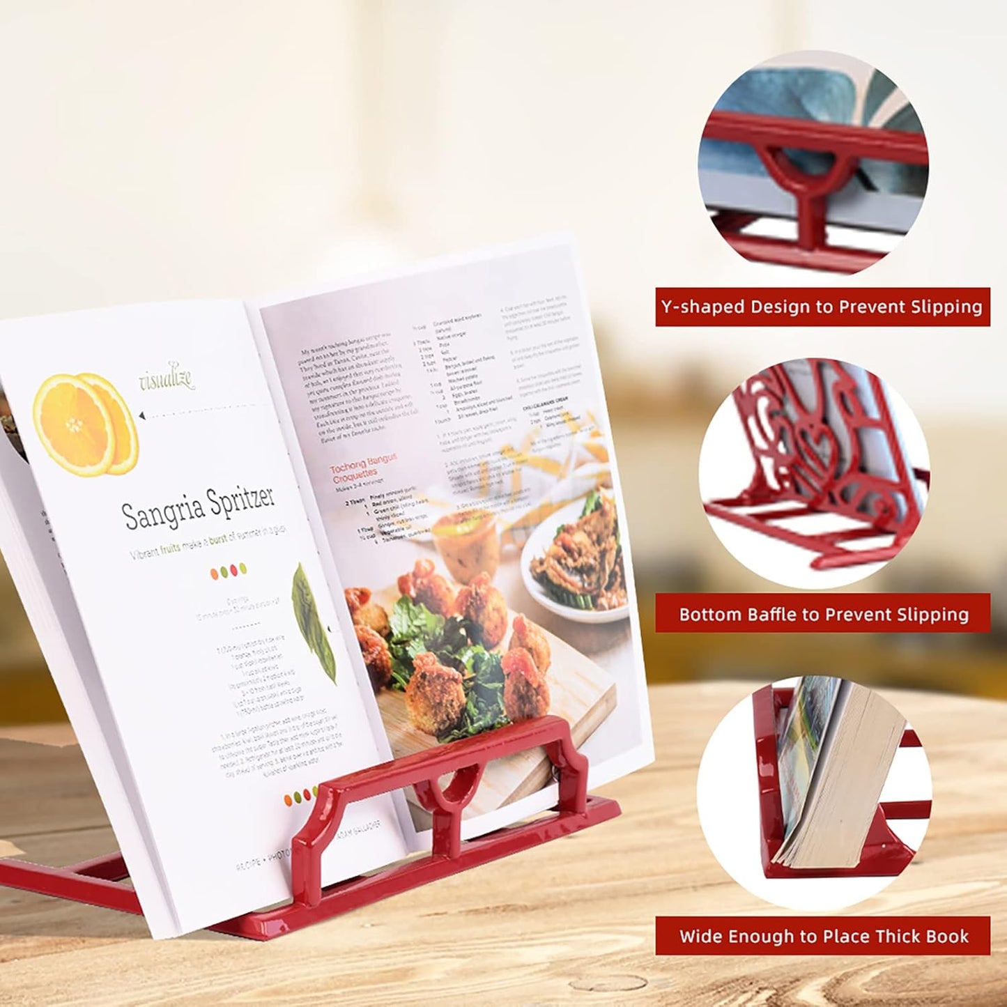 Cookbook Stand, Cast Iron Heavy-Duty Recipe Book Holder, Kitchen Vintage Recipe Book Holder, Reading Rest Holder for Easel/Counter/Books/Magazine/iPad/Bible, Red